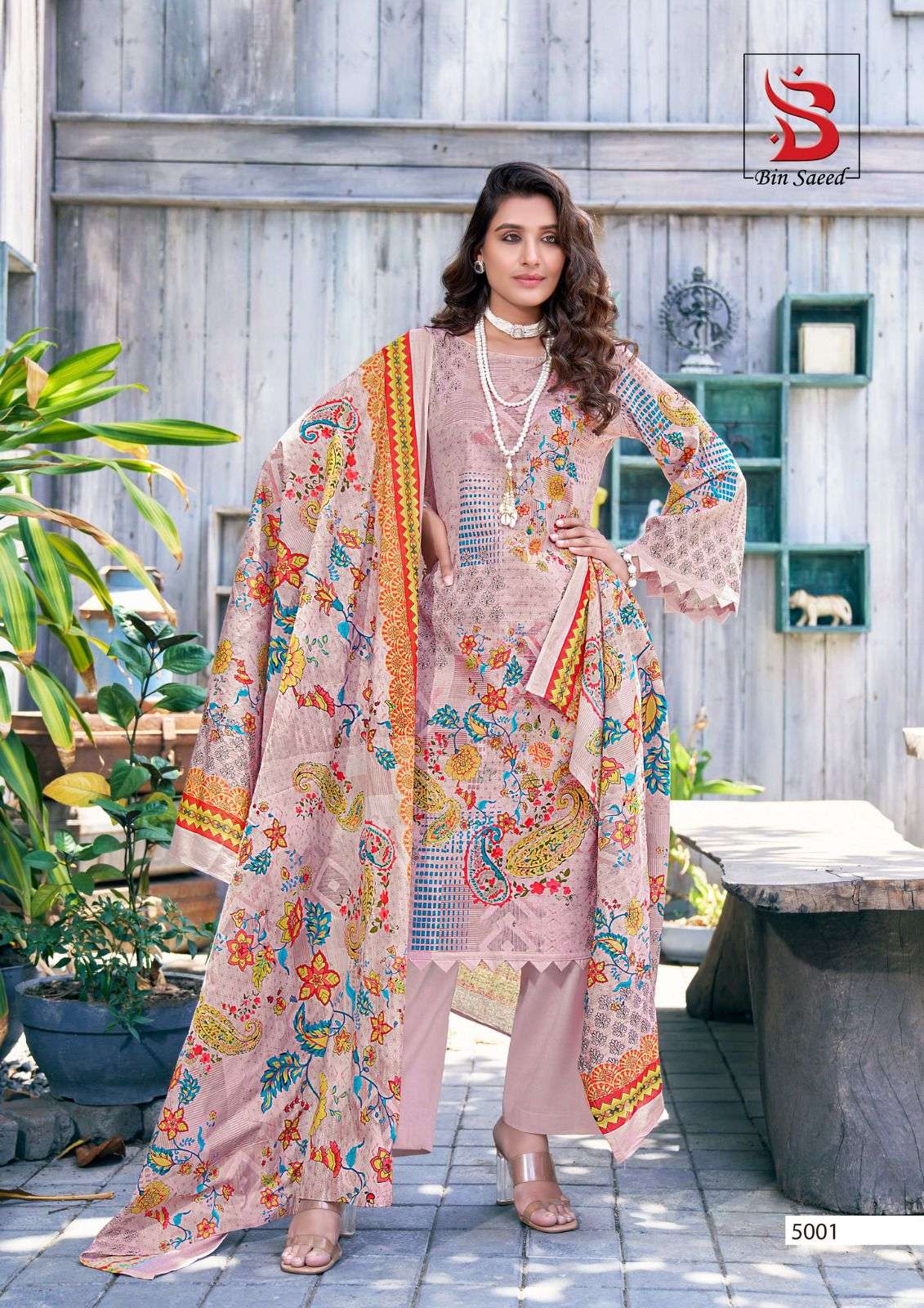bin saeed mahnoor vol 5 5001 5008 series by yashika trends pure lawn designer pakistani salwar suits catalogue design 2023