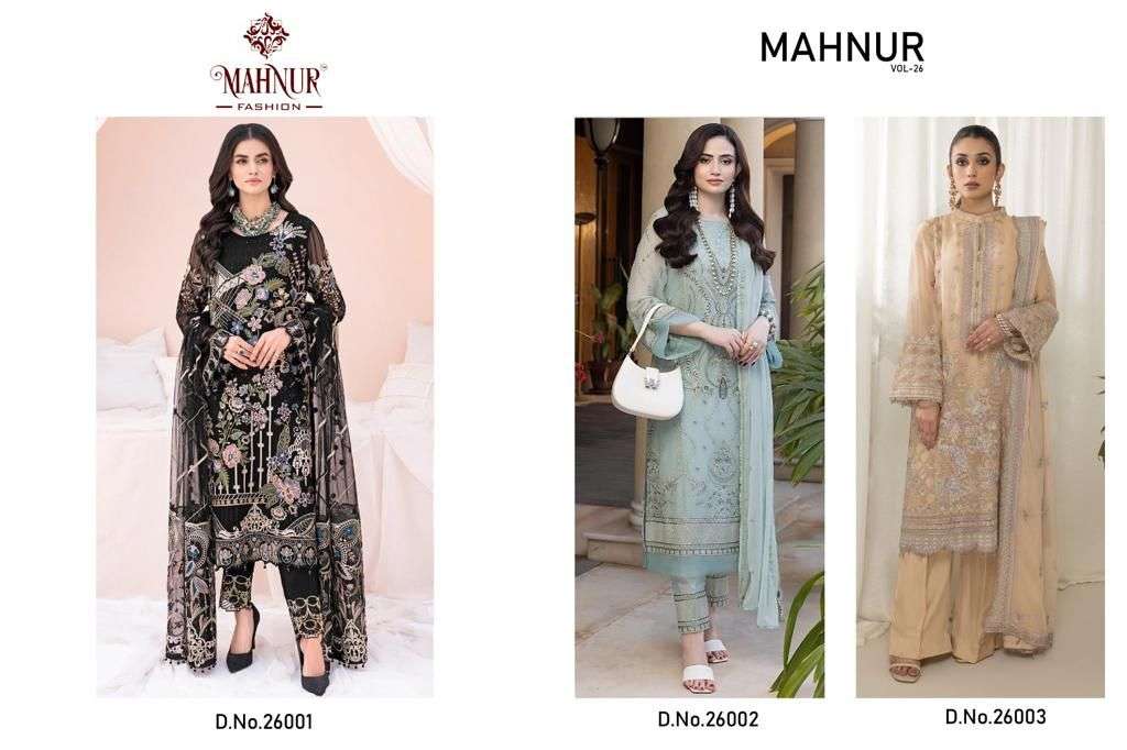 mahnur vol-26 26001-26003 series by mahnur fashion georgette designer pakistani salwar suits catalogue wholesale price surat