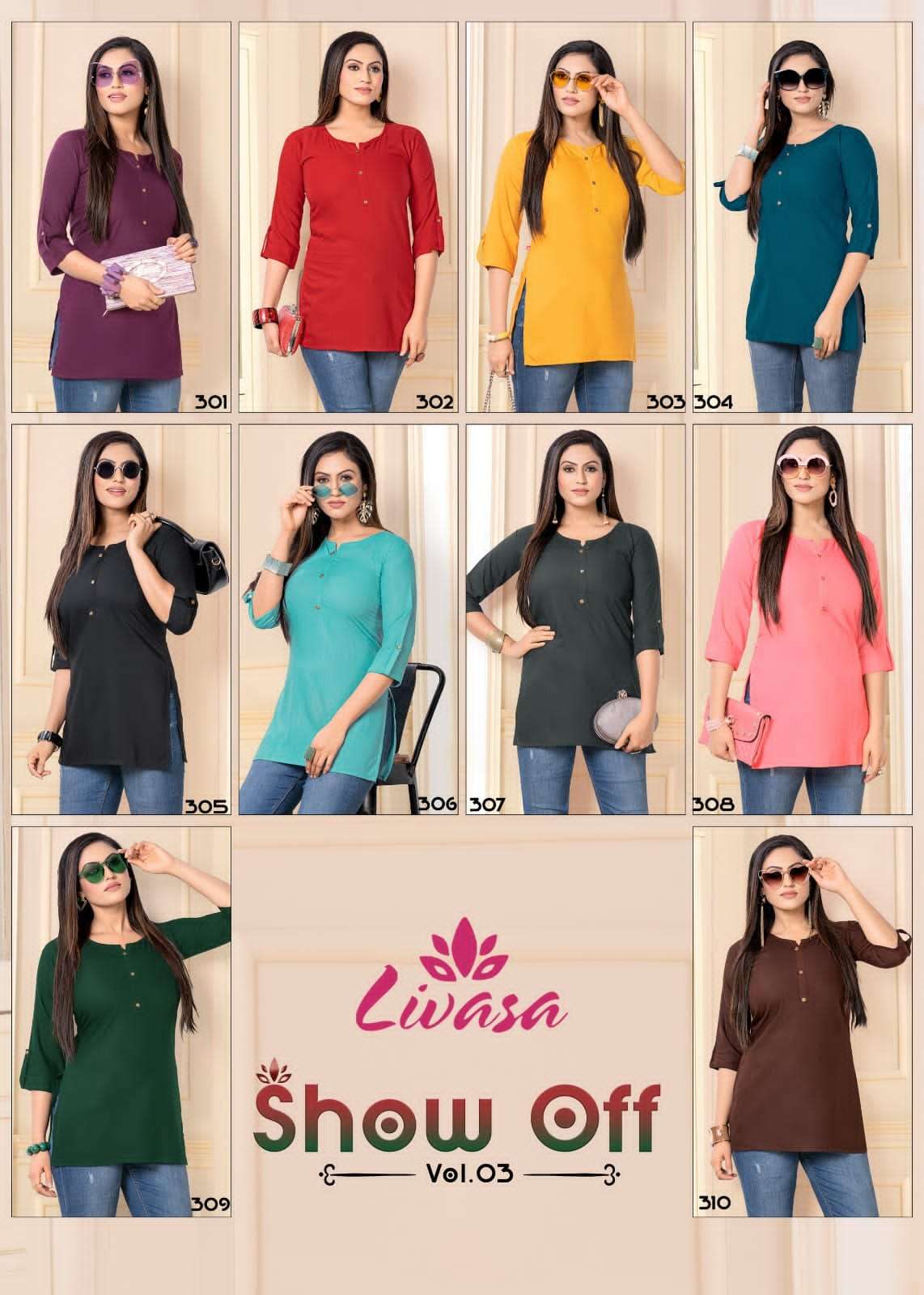 show off vol-3 301-310 series by livisab fancy rayon designer short tops catalogue wholesale dealer surat 
