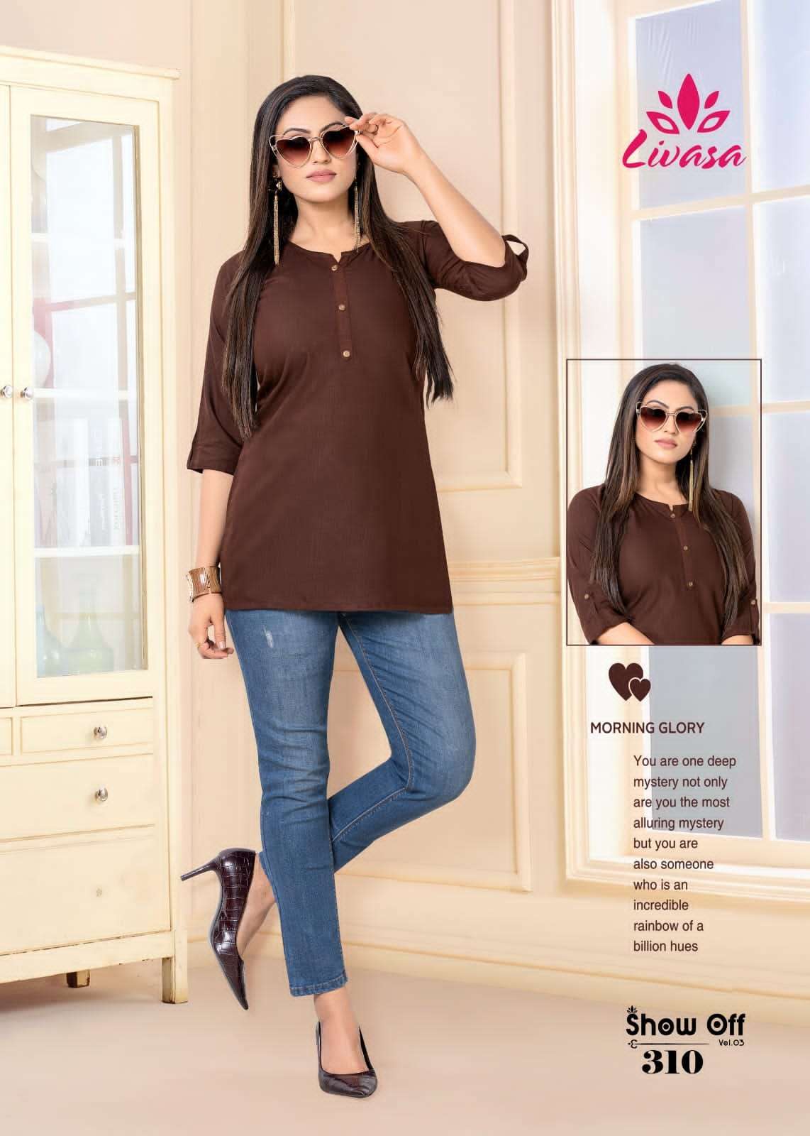 show off vol-3 301-310 series by livisab fancy rayon designer short tops catalogue wholesale dealer surat 
