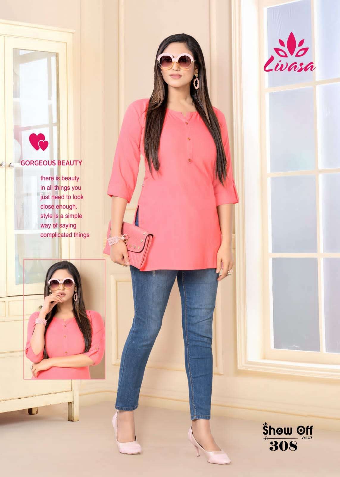 show off vol-3 301-310 series by livisab fancy rayon designer short tops catalogue wholesale dealer surat 