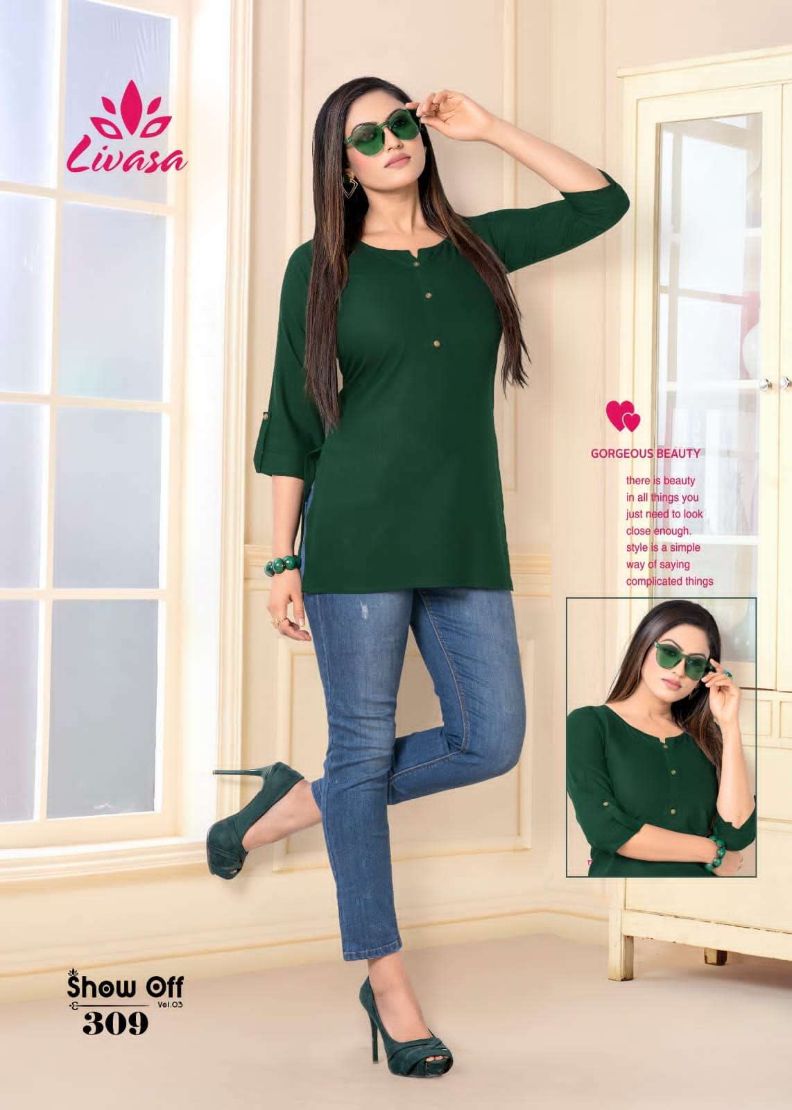 show off vol-3 301-310 series by livisab fancy rayon designer short tops catalogue wholesale dealer surat 