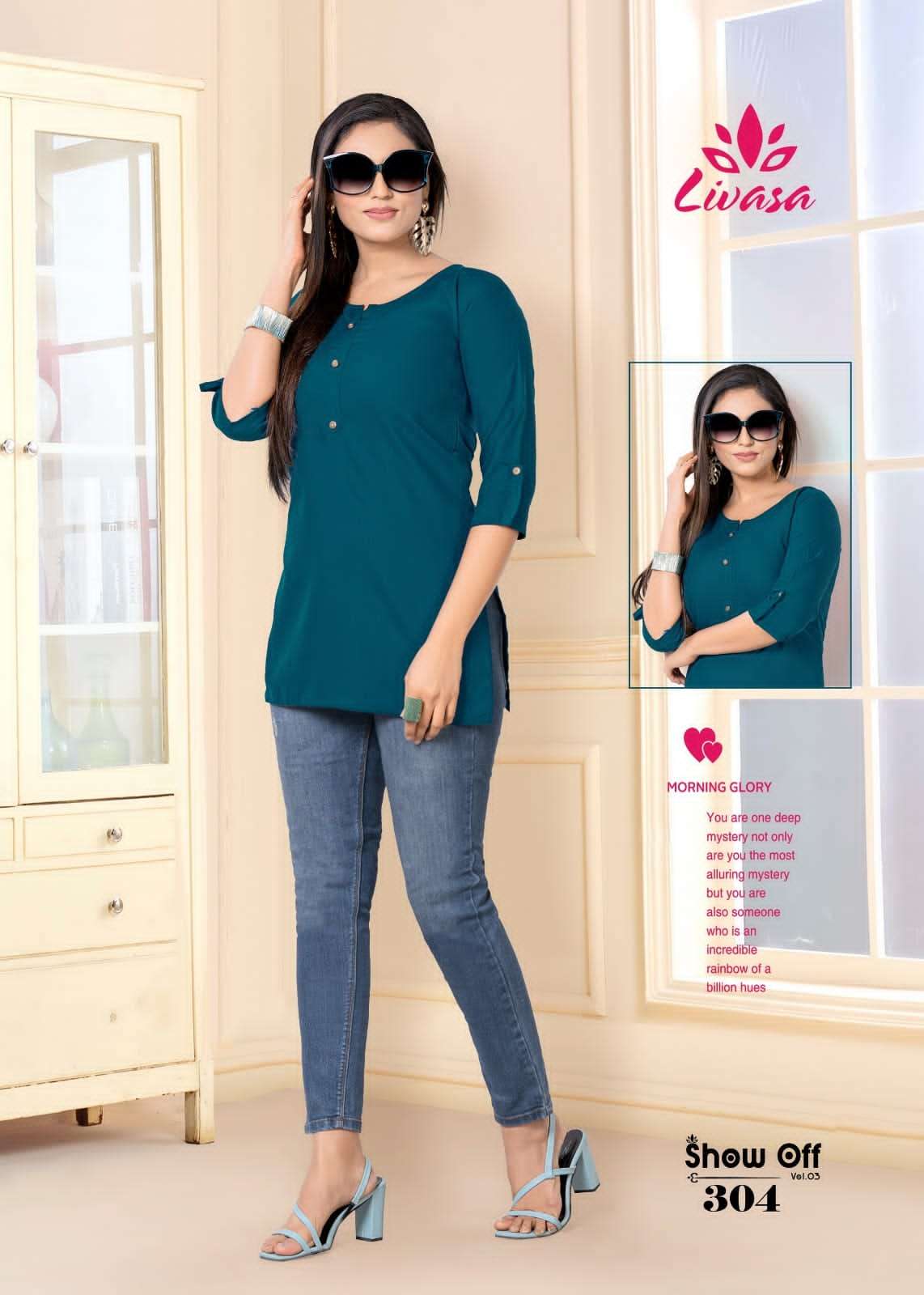 show off vol-3 301-310 series by livisab fancy rayon designer short tops catalogue wholesale dealer surat 