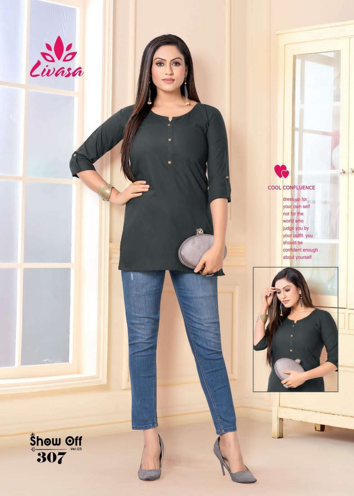 show off vol-3 301-310 series by livisab fancy rayon designer short tops catalogue wholesale dealer surat 
