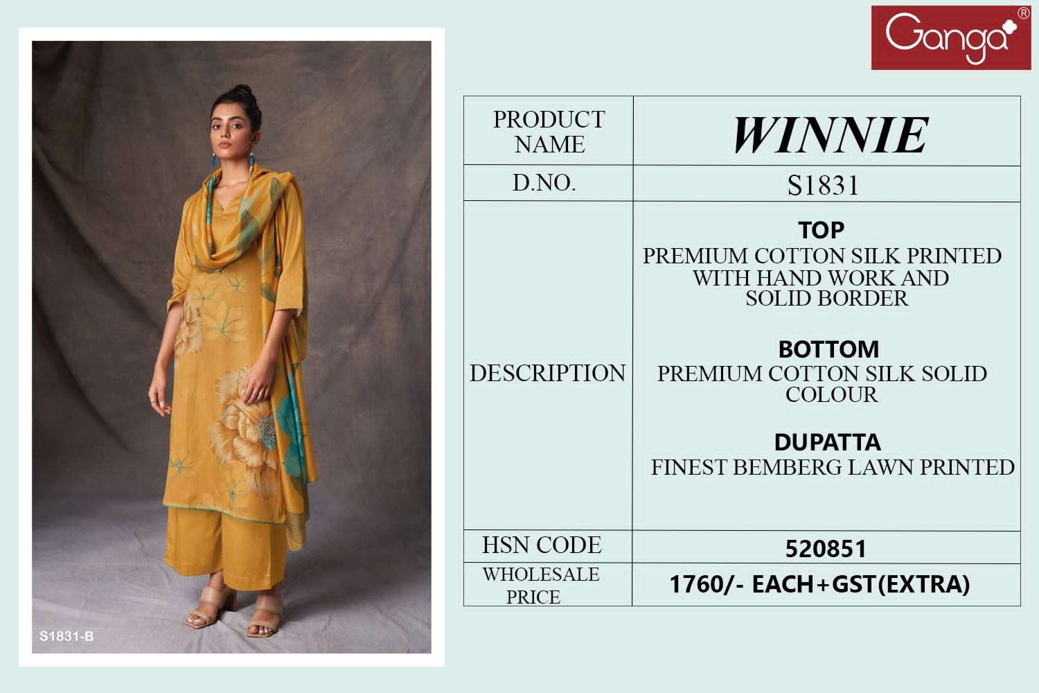 winnie 1831 series by ganga premium cotton silk top bottom with dupatta catalogue design 2023