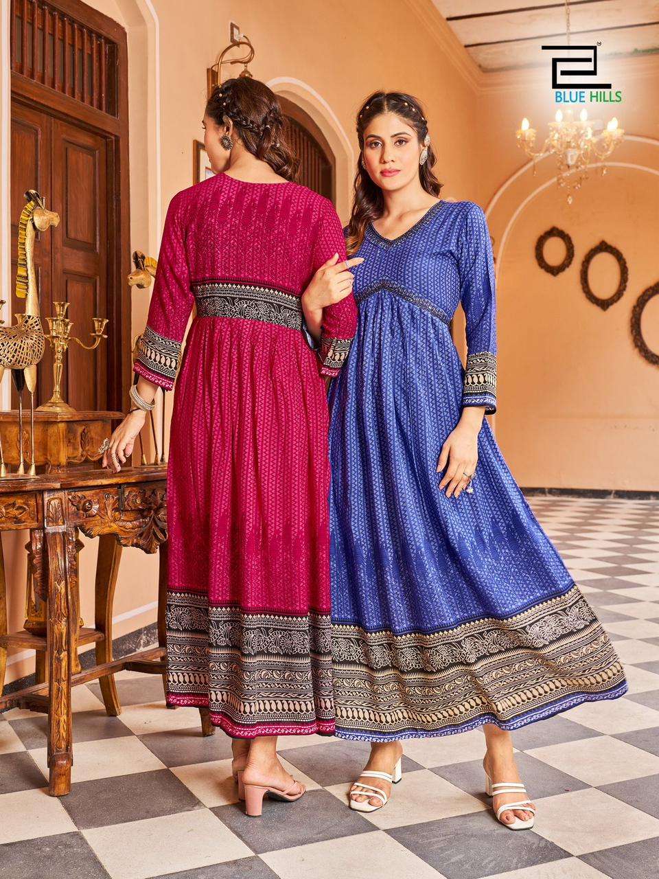 monaco bluehills 1001 1006 series designer latest fancy gown kurti wholesaler surat gujarat