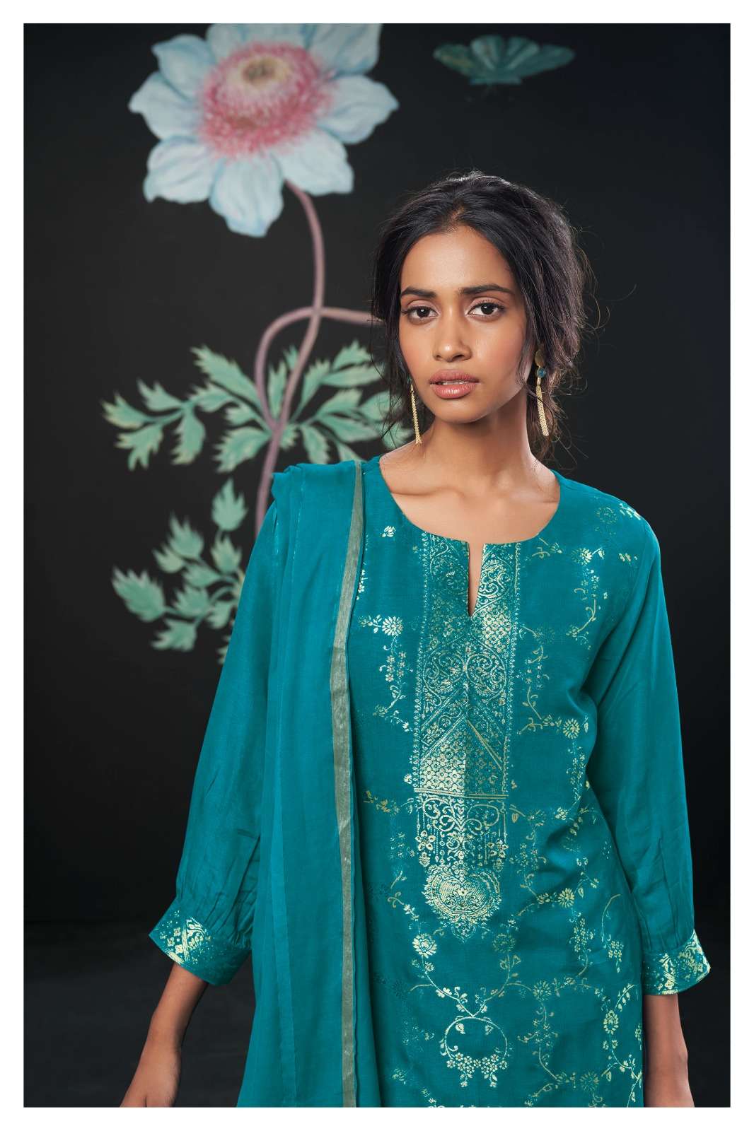 Exclusive Floral Designer Embroidery With Faux Mirror On Teal Viscose  Georgette Fabric