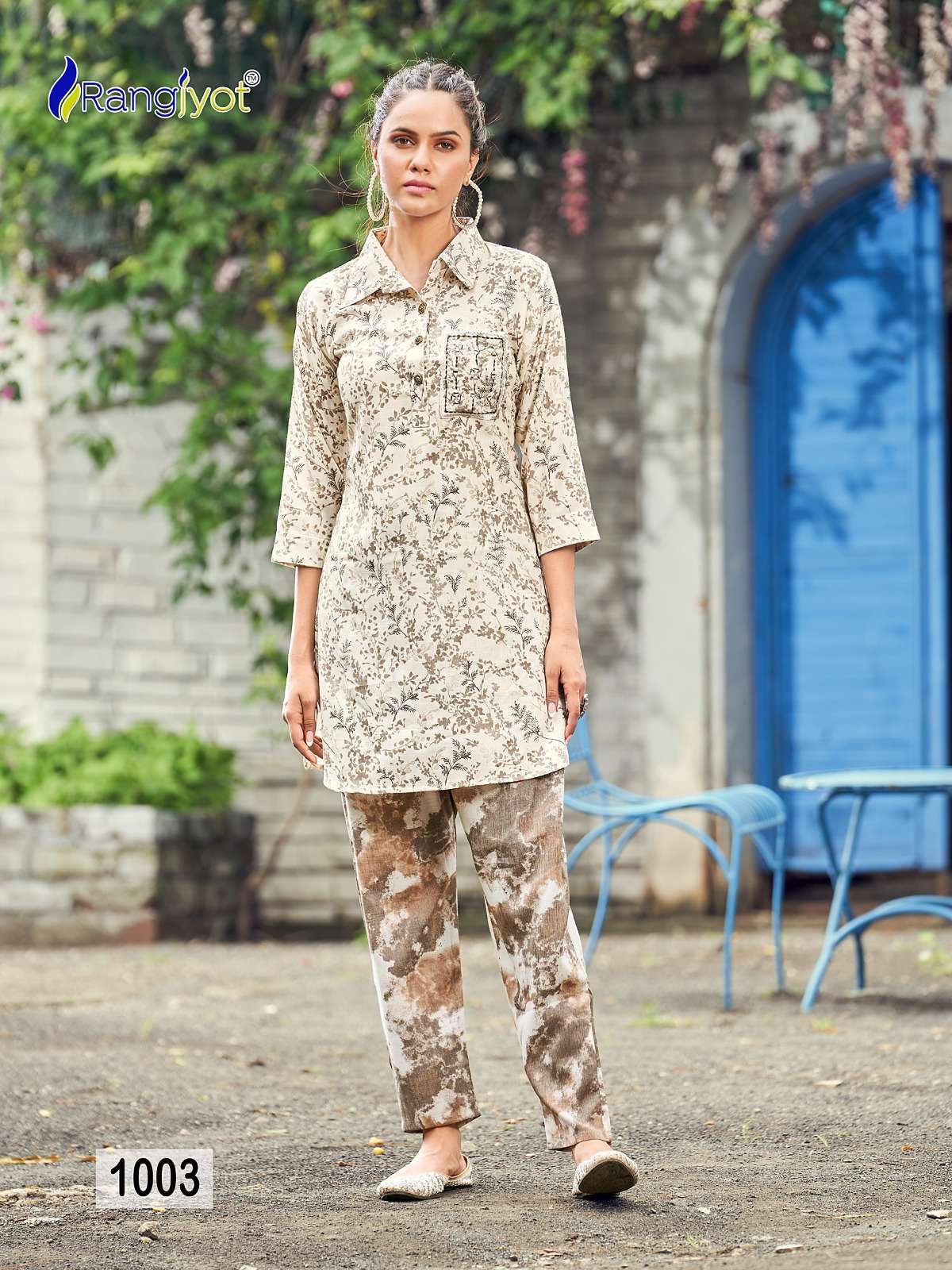 shimoni vol-1 rangjyot 1001-1005 series designer latest fancy cord top and pant set wholesaler surat gujarat