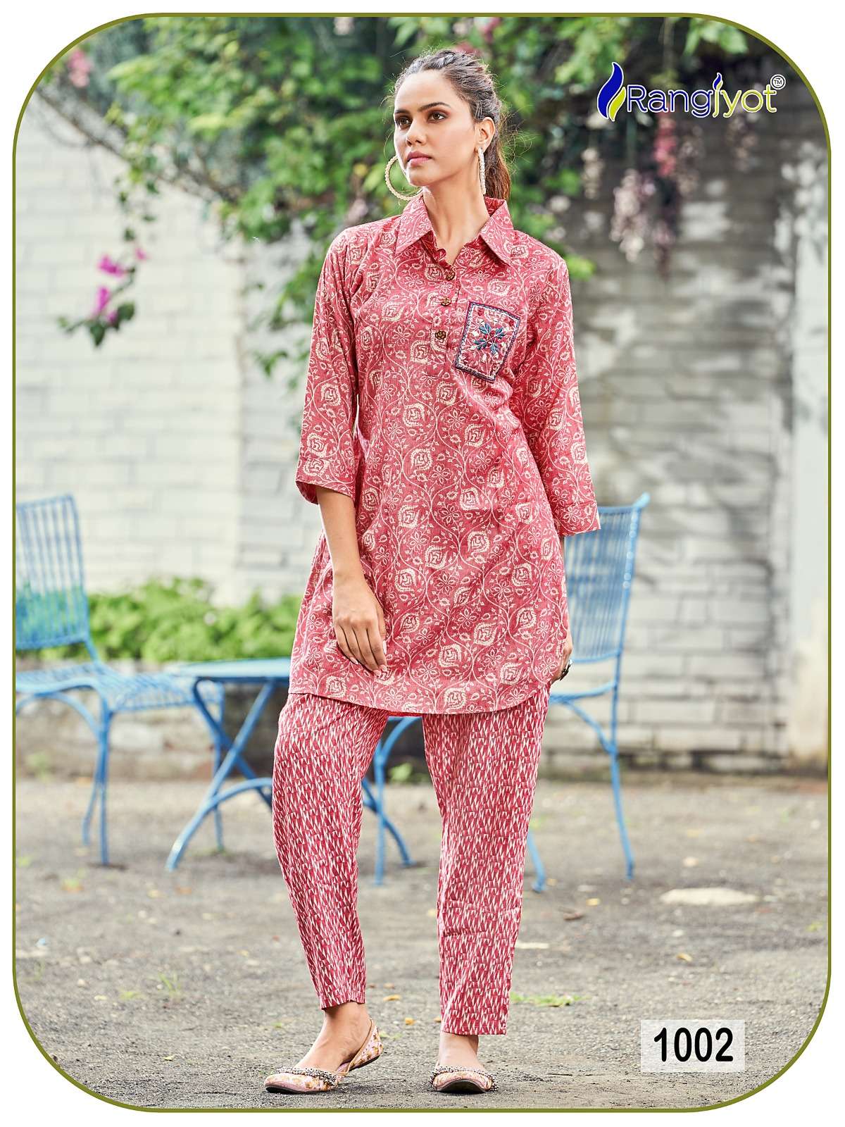 shimoni vol-1 rangjyot 1001-1005 series designer latest fancy cord top and pant set wholesaler surat gujarat