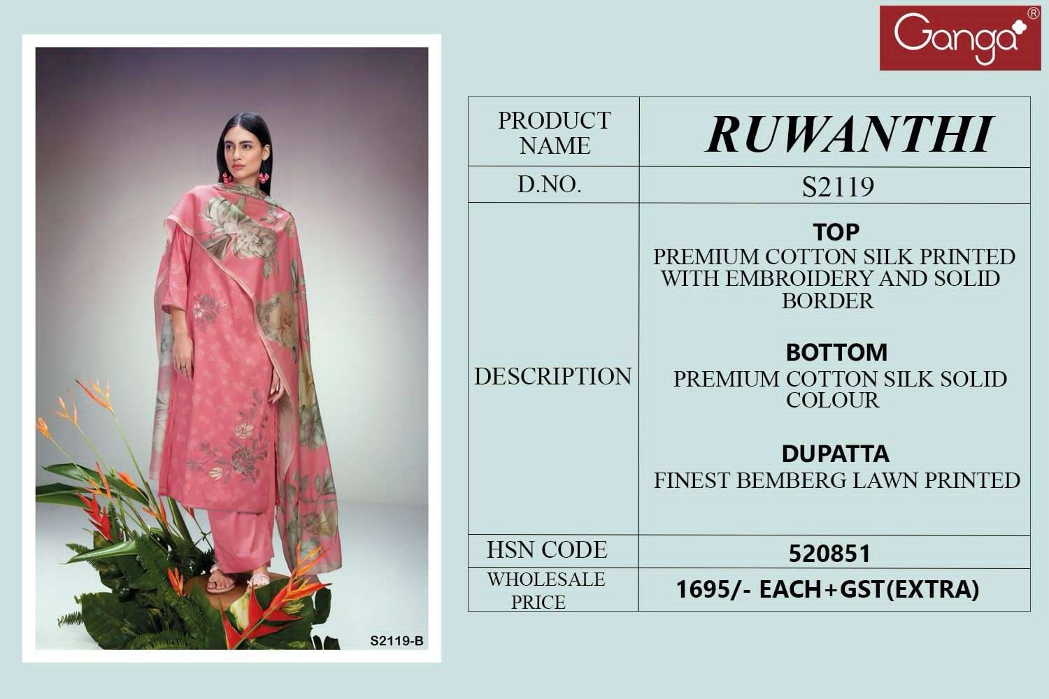 Ganga Ottilie 2170 Cotton Silk Dress Material Online Wholesale Suits