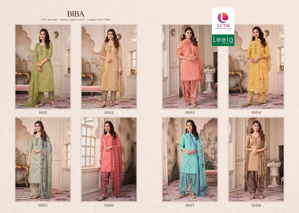 biba 1001-1008 series by leela jam satin collection with pure chiffon dupatta catalogue manufacturer surat