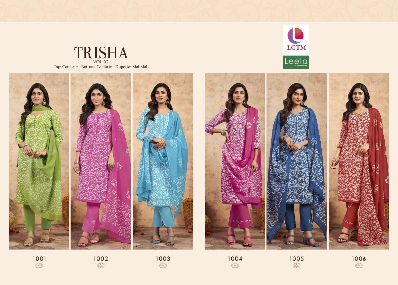 leela trisha vol 2 1001-1006 series exclusive cambric cotton dress material best rate catalogue at surat 