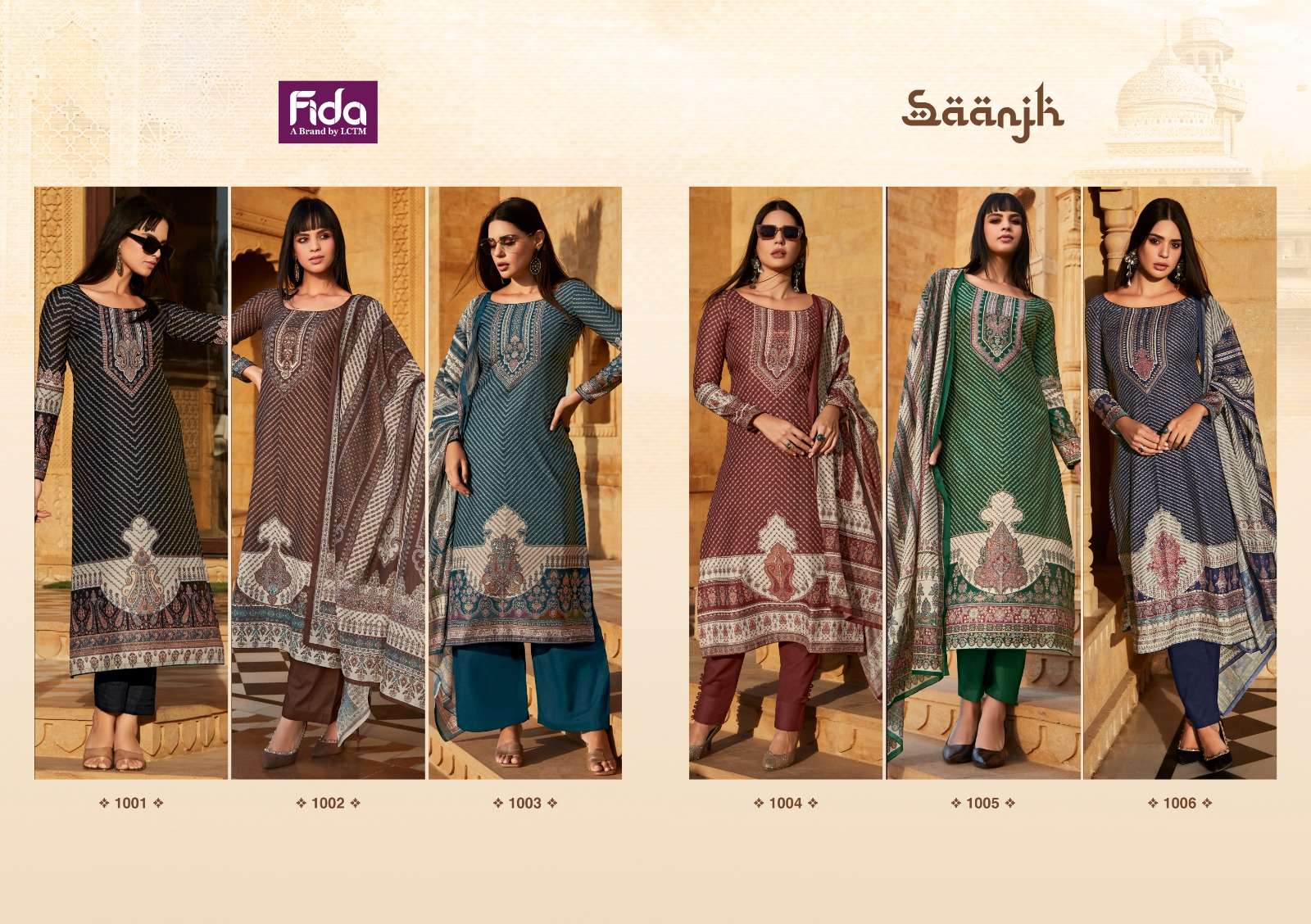 saanjh by fida 1001-1006 series unstitched designer salwar kameez catalogue at wholesale price surat gujrat 