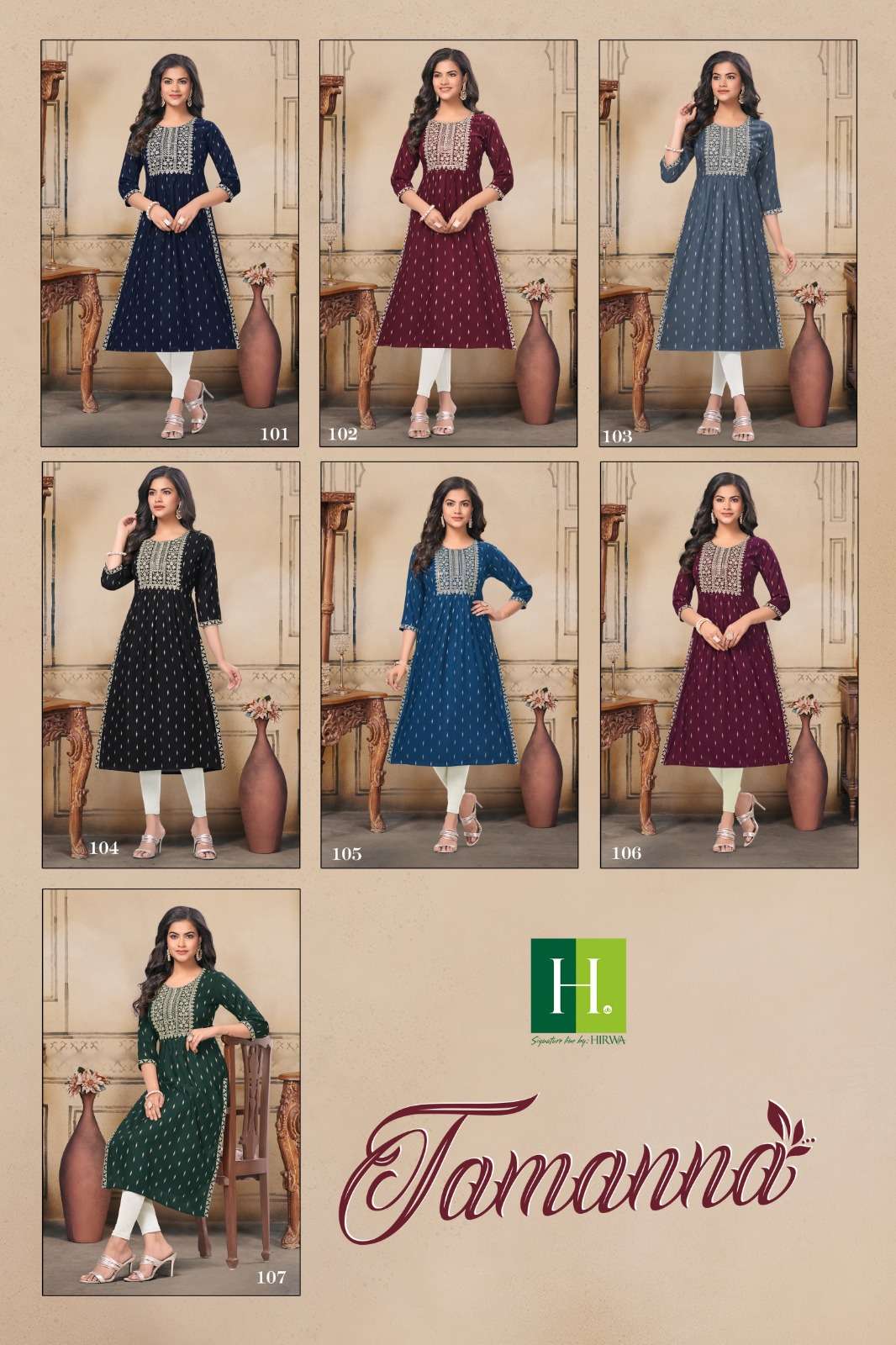 hirwa tamanna 101-107 series heavy bombay reyon ikkat printed naira cut kurti catalogue wholesale dealer surat 