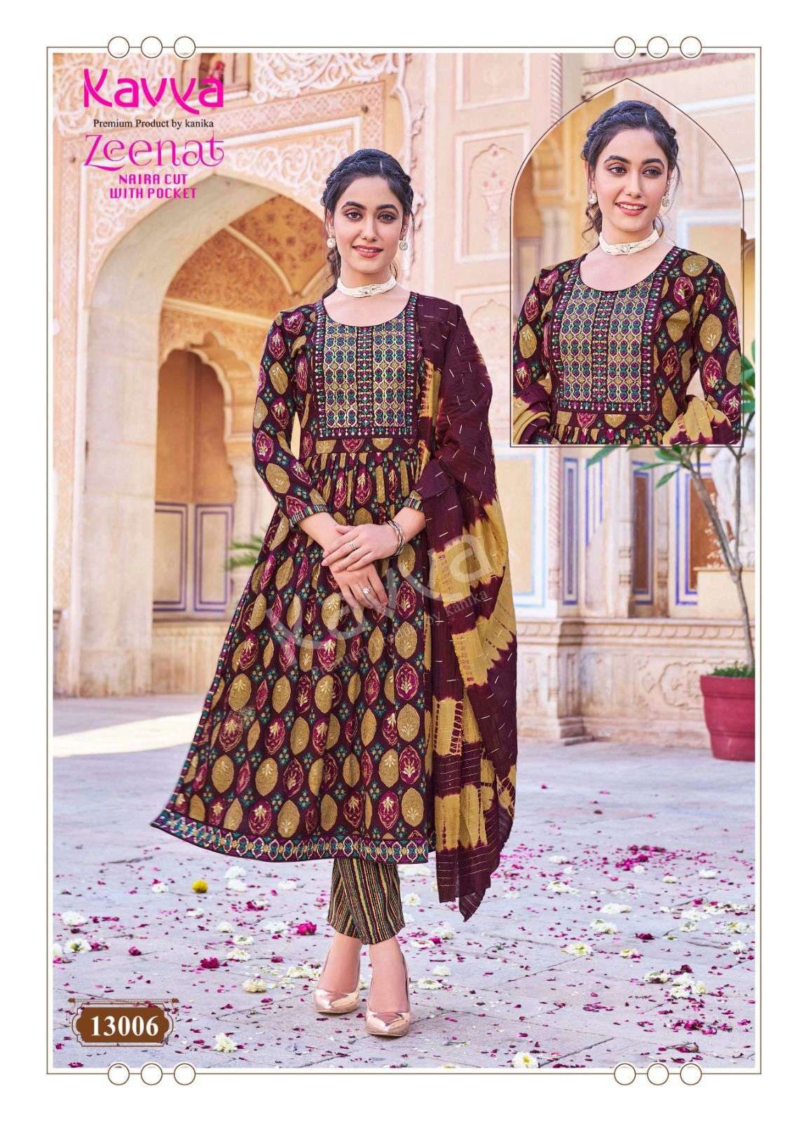 kavya zeenat vol 13 13001-13010 series party wear nayra cut stich capsule foil printed 3 pcs catalogue wholesale price surat 