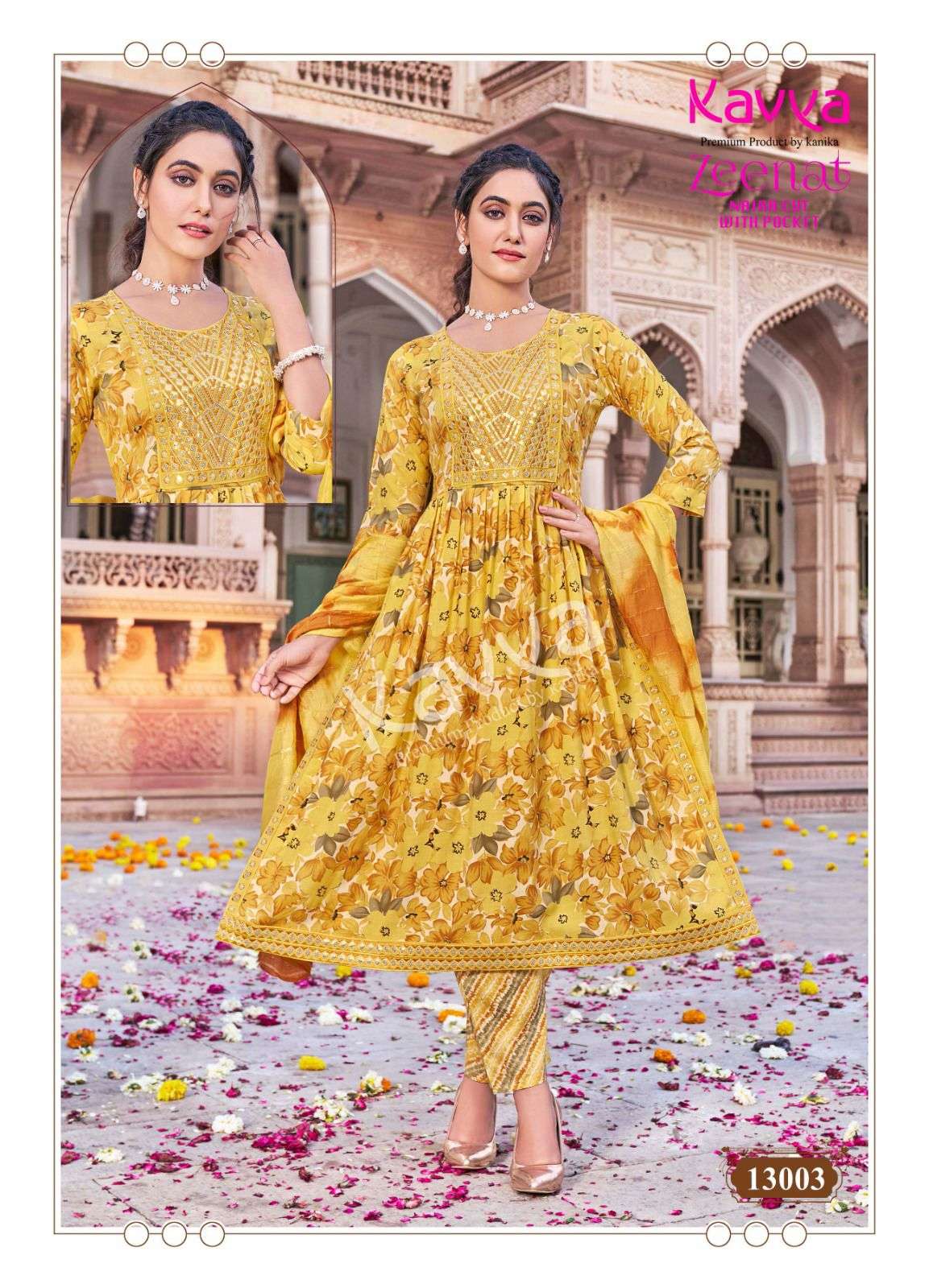 kavya zeenat vol 13 13001-13010 series party wear nayra cut stich capsule foil printed 3 pcs catalogue wholesale price surat 