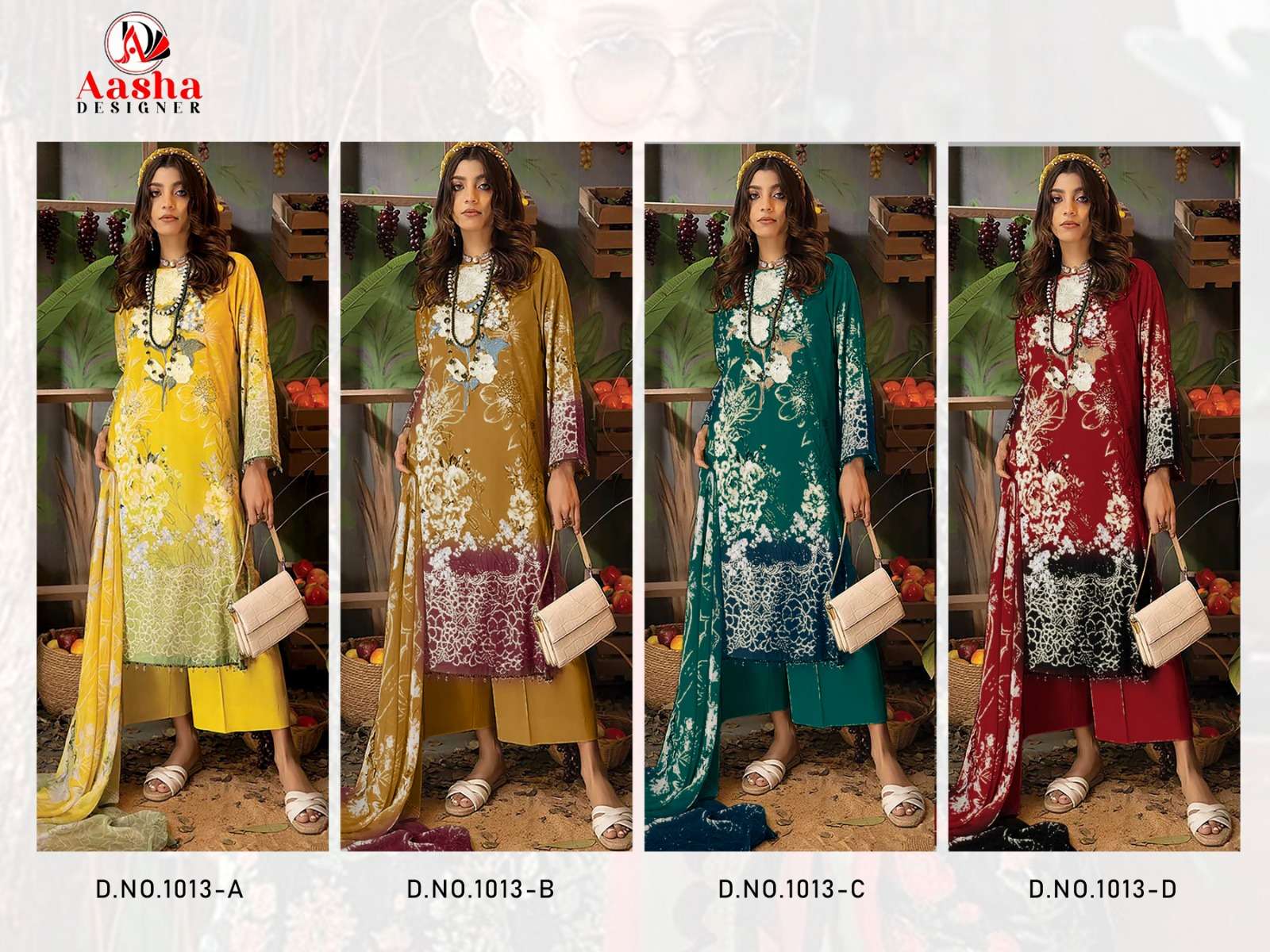 aasha designer 1013 colours pakistani suits unstich material catalogue online market surat gujarat 