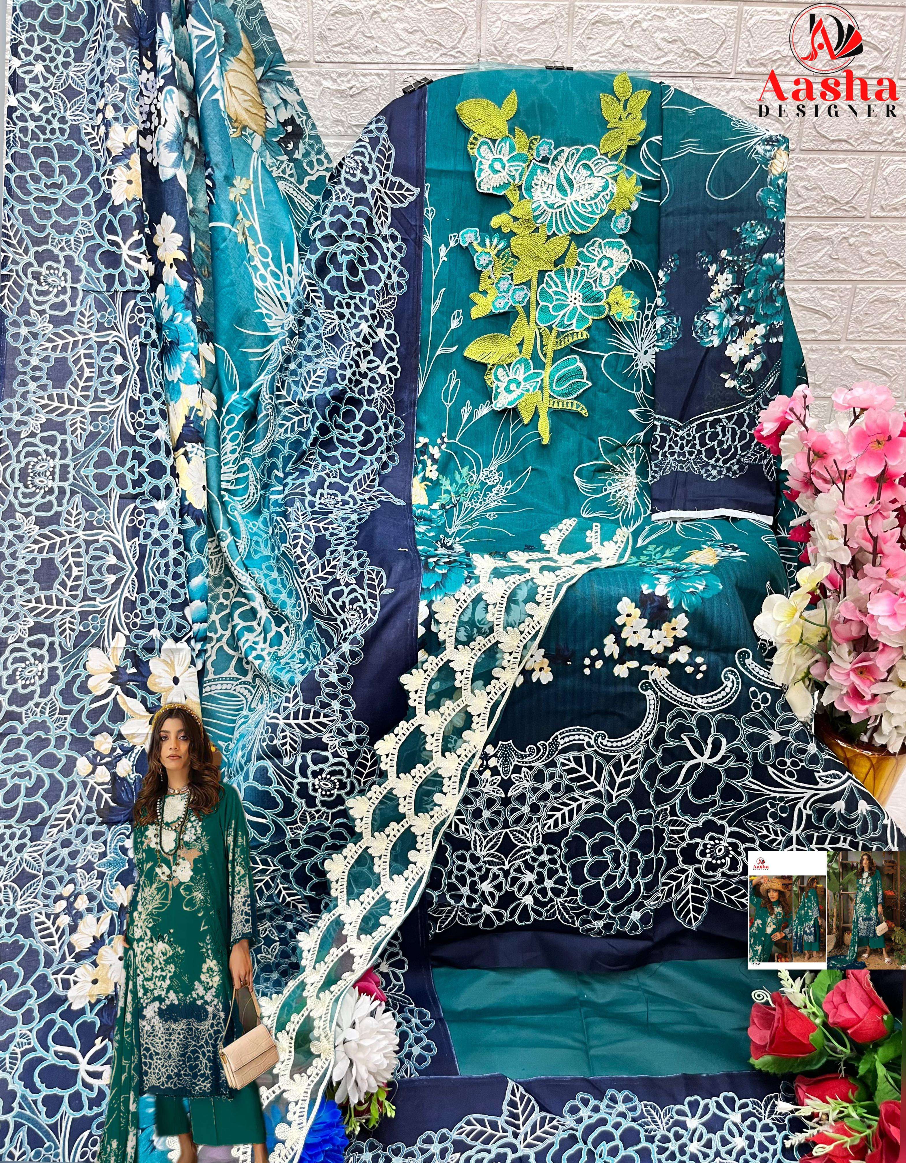 aasha designer 1013 colours pakistani suits unstich material catalogue online market surat gujarat 