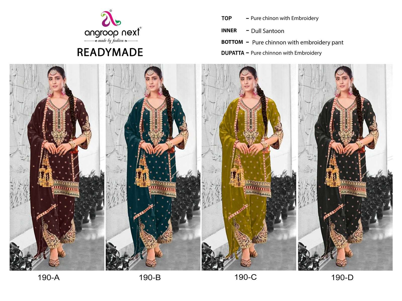 angroop next 190 colours readymade designer pure chinon suits catalogue manufacturer surat gujarat 