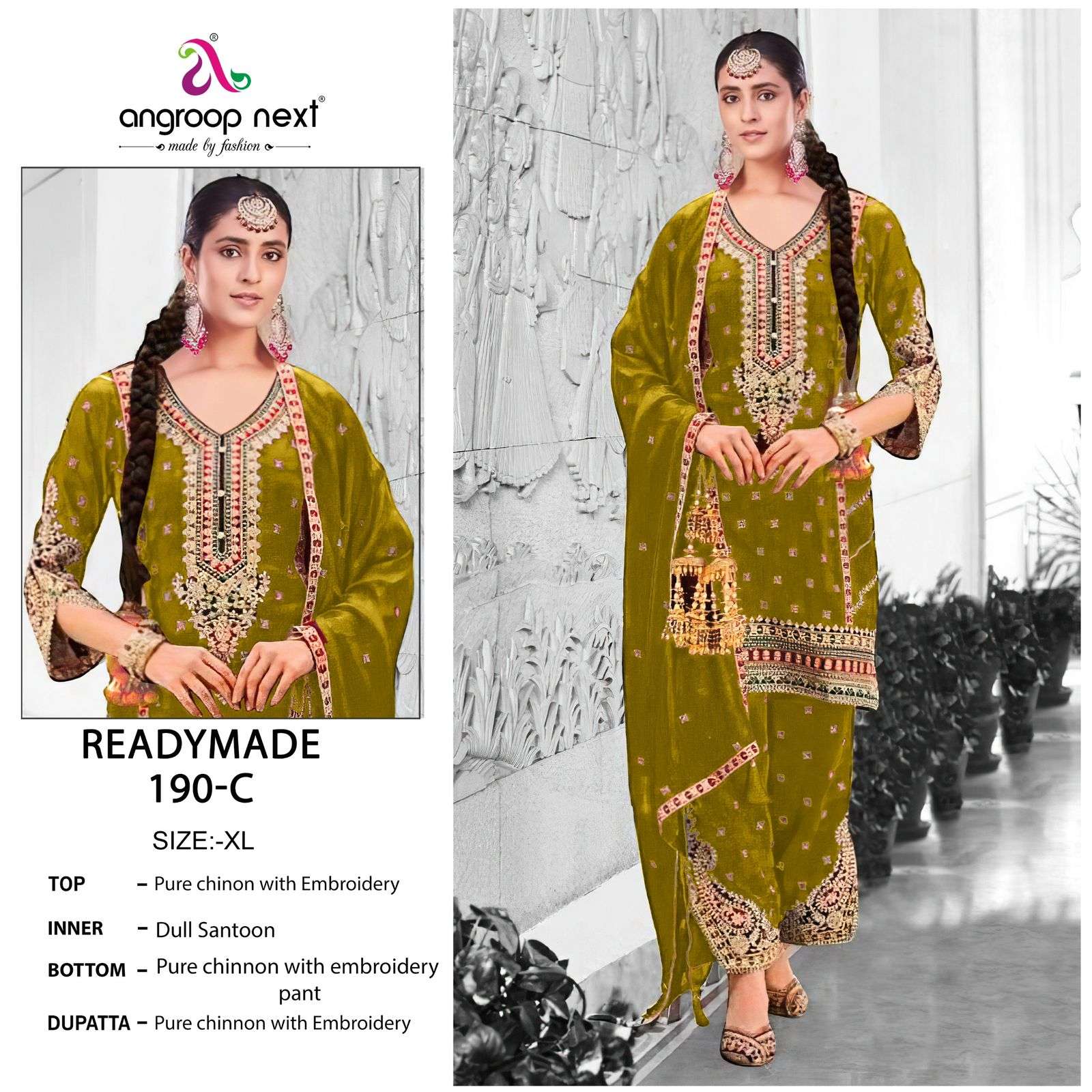 angroop next 190 colours readymade designer pure chinon suits catalogue manufacturer surat gujarat 