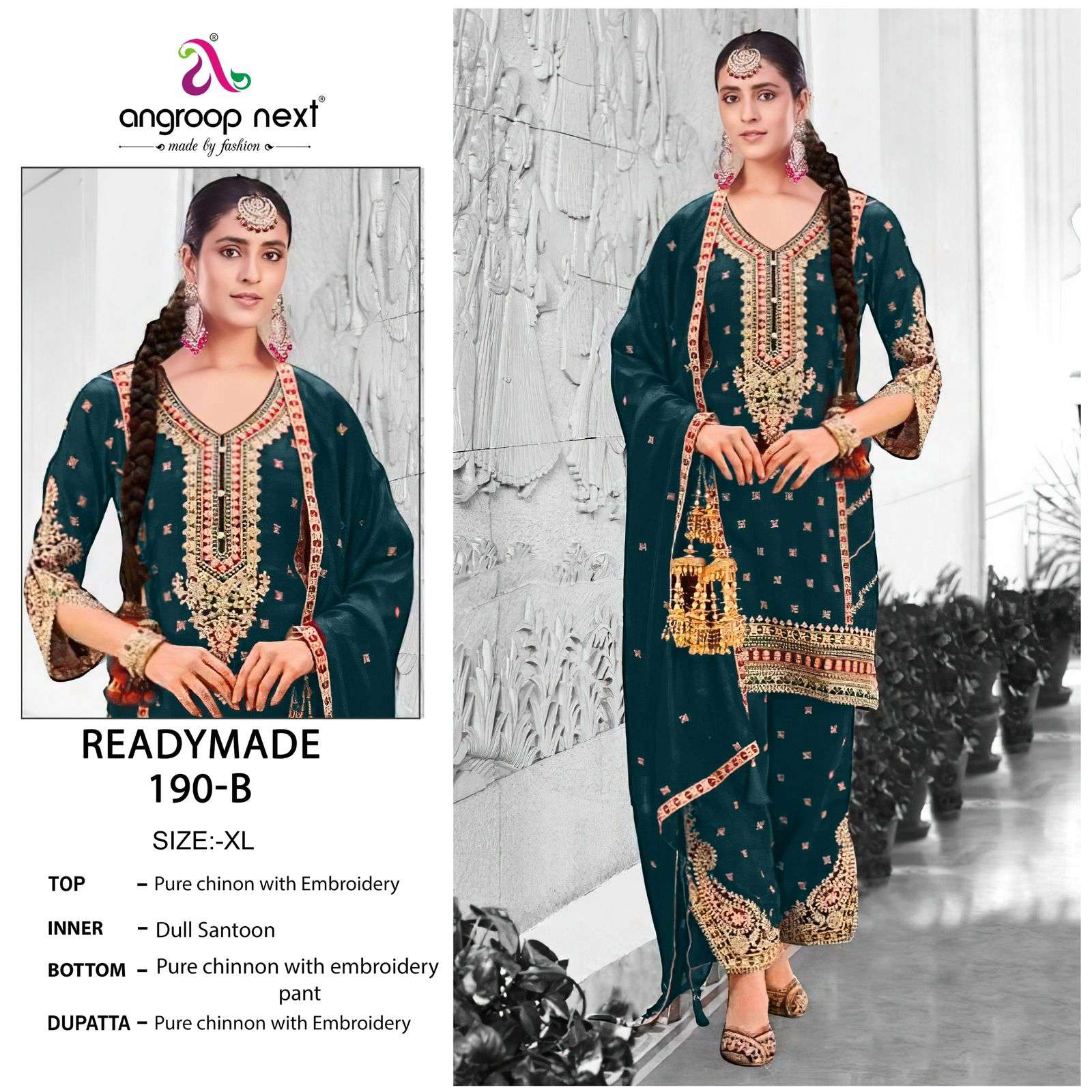 angroop next 190 colours readymade designer pure chinon suits catalogue manufacturer surat gujarat 