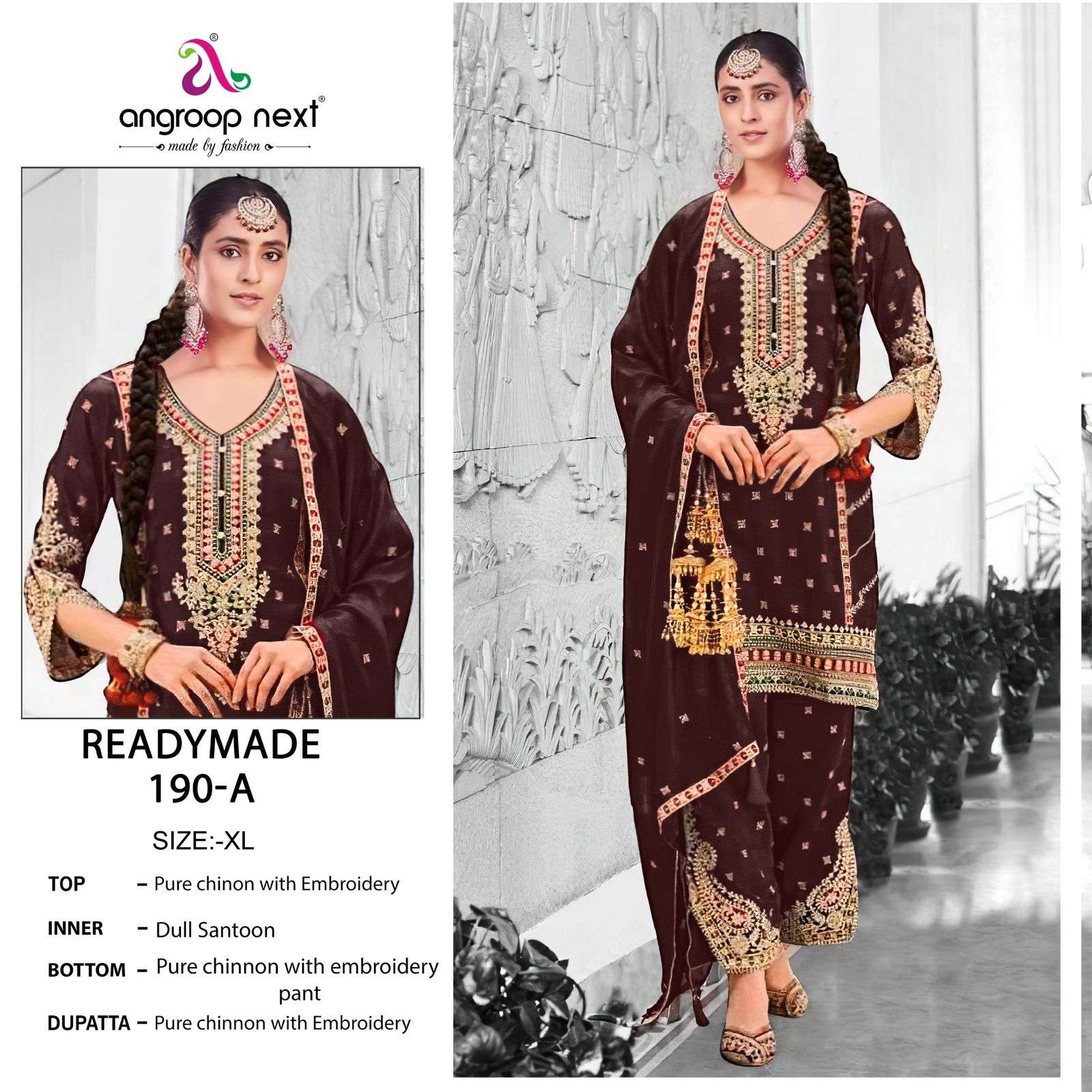 angroop next 190 colours readymade designer pure chinon suits catalogue manufacturer surat gujarat 