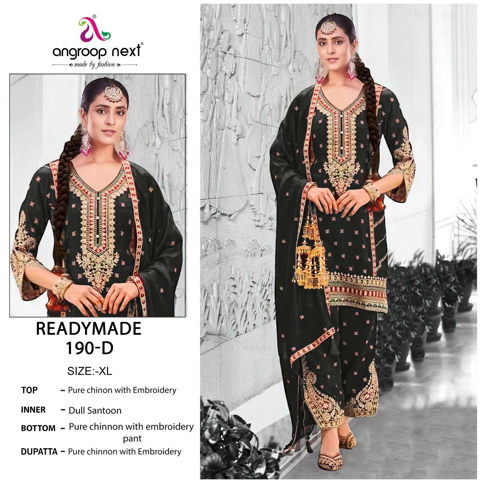 angroop next 190 colours readymade designer pure chinon suits catalogue manufacturer surat gujarat 