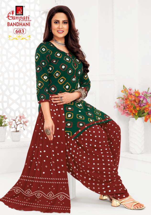 bandhani vol-6 by ganpati 601-615 pure cotton printed indian suits catalogue wholesaler price surat gujarat 