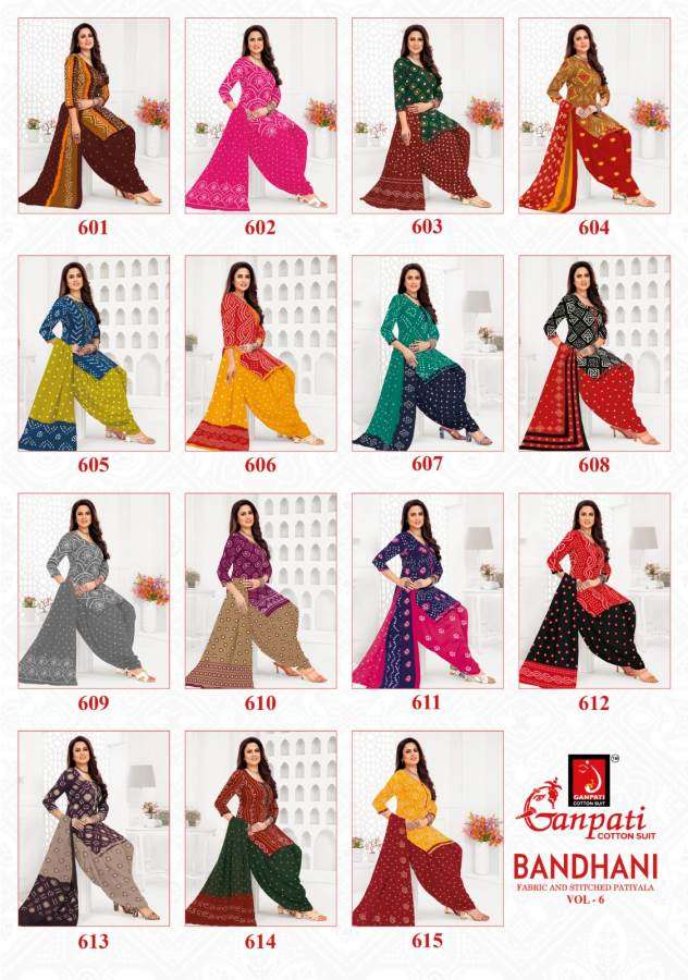 bandhani vol-6 by ganpati 601-615 pure cotton printed indian suits catalogue wholesaler price surat gujarat 