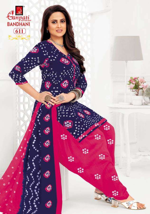 bandhani vol-6 by ganpati 601-615 pure cotton printed indian suits catalogue wholesaler price surat gujarat 