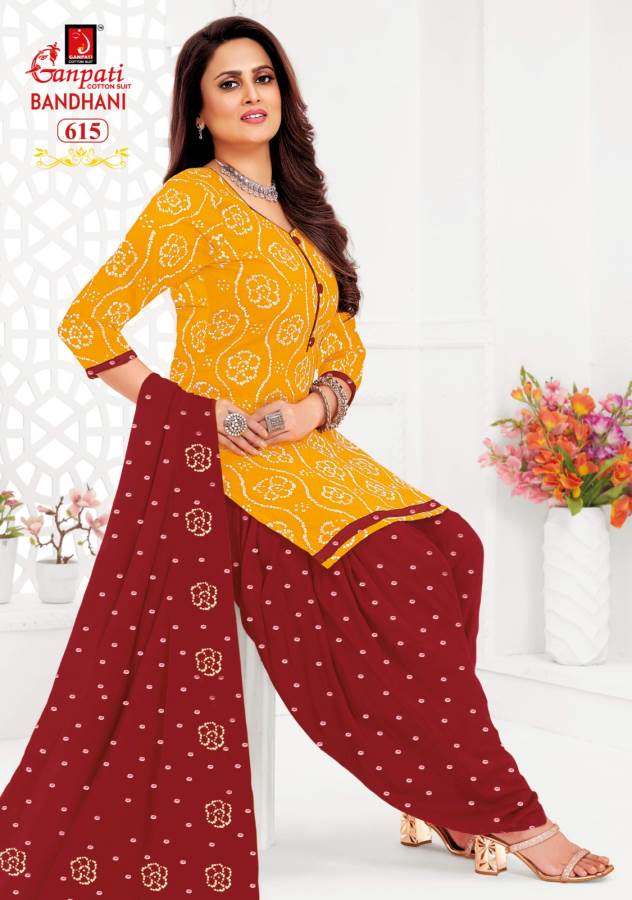 bandhani vol-6 by ganpati 601-615 pure cotton printed indian suits catalogue wholesaler price surat gujarat 