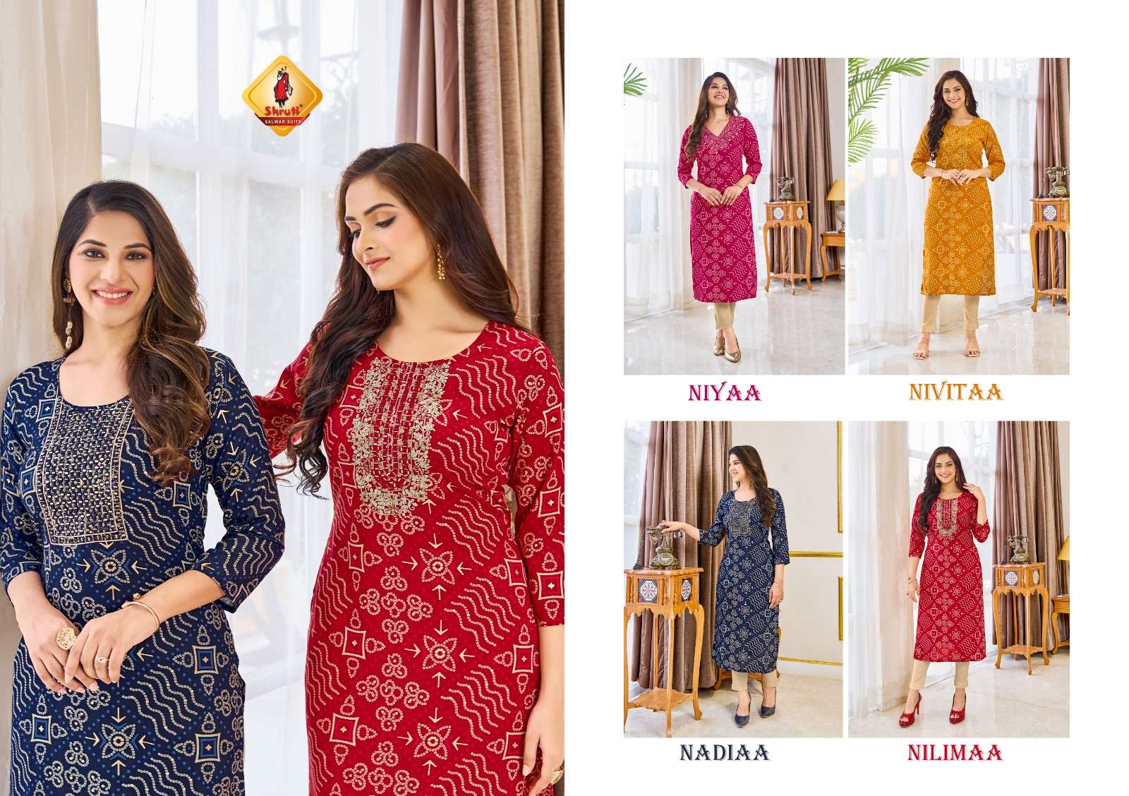 bandhej vol-5 by shruti bandhani printed heavy foil modal rayon kurtis catalogue surat gujarat 