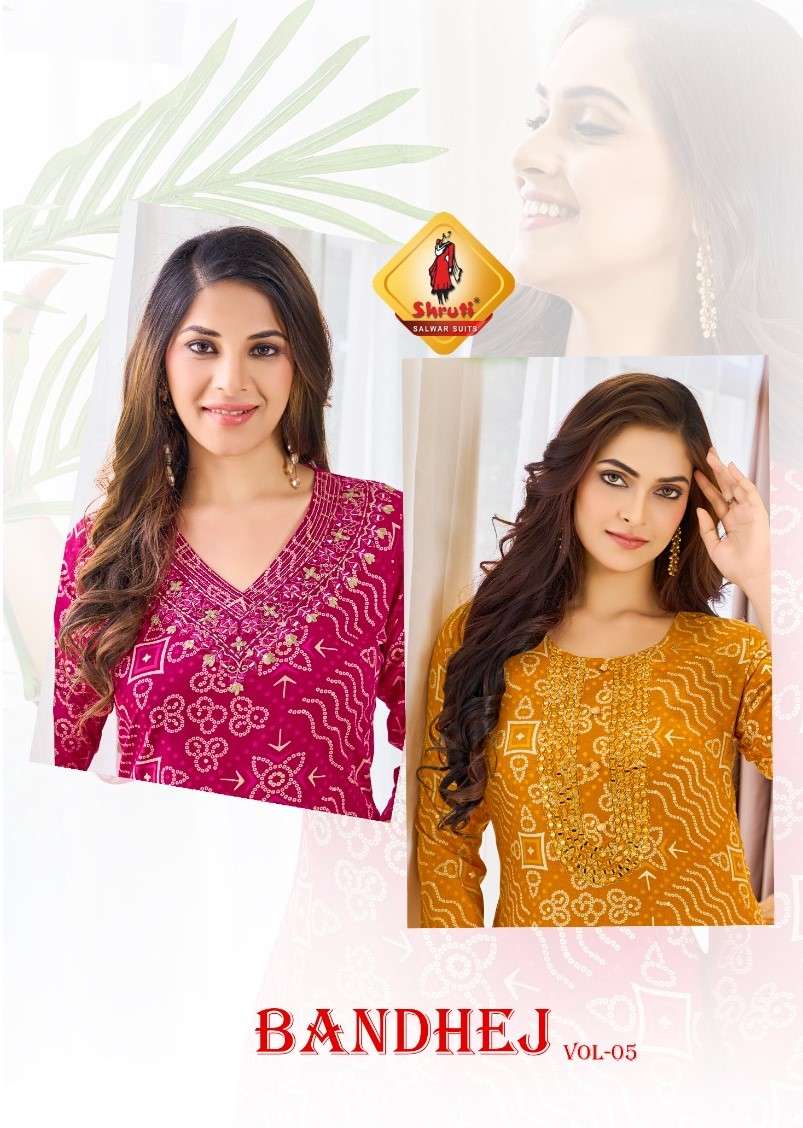 bandhej vol-5 by shruti bandhani printed heavy foil modal rayon kurtis catalogue surat gujarat 