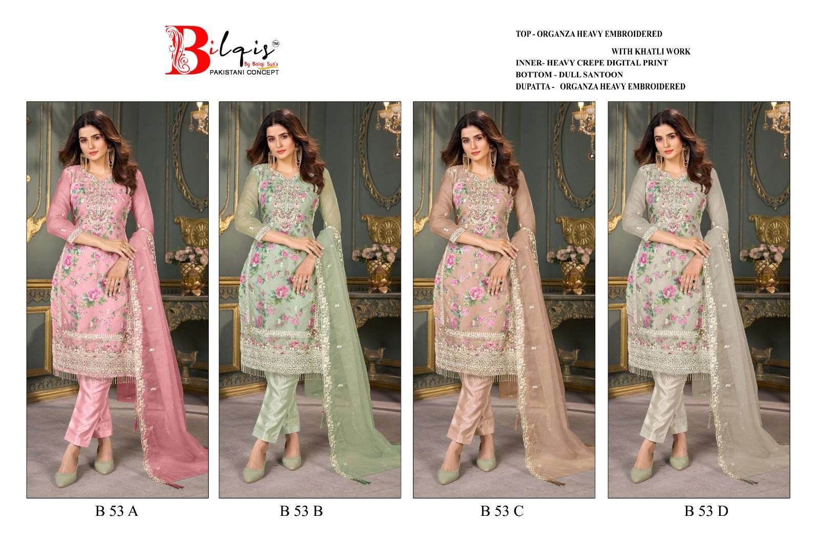 bilqis b-53 a to d heavy embroidered with khatli work designer suits catalogue online dealer surat gujarat 