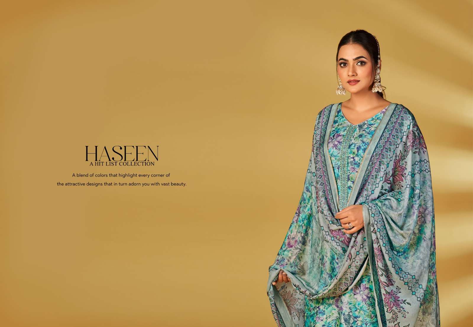 haseen by glossy digital print viscose muslin designer suits catalogue online supplier surat gujarat 
