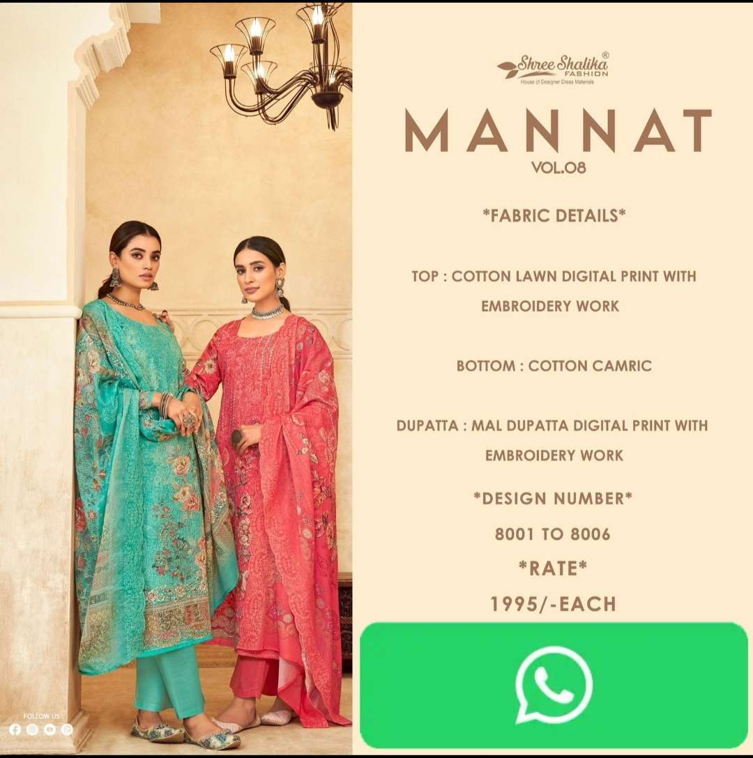 mannat vol-8 by shree shalika fashion 1001-1006 series unstich designer heavy material catalogue surat gujarat 