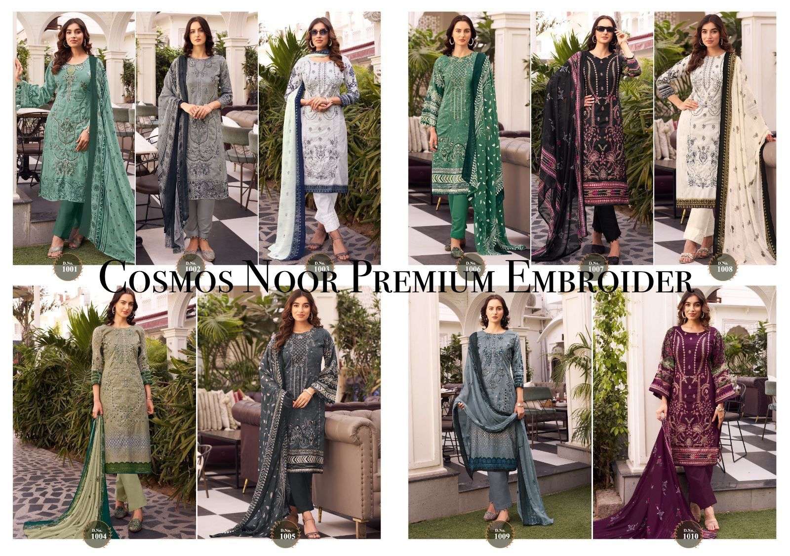 noor premium embroidered by cosmos 1001-1010 series pakisatni salwar kameez catalogue manufacturer surat gujarat 