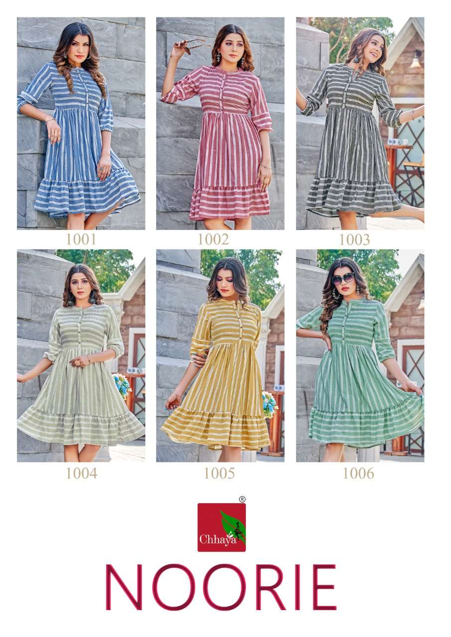 noorie by matru chhaya 1001-1006 series fancy look designer ghera style kurtis catalogue manufacturer surat gujarat 