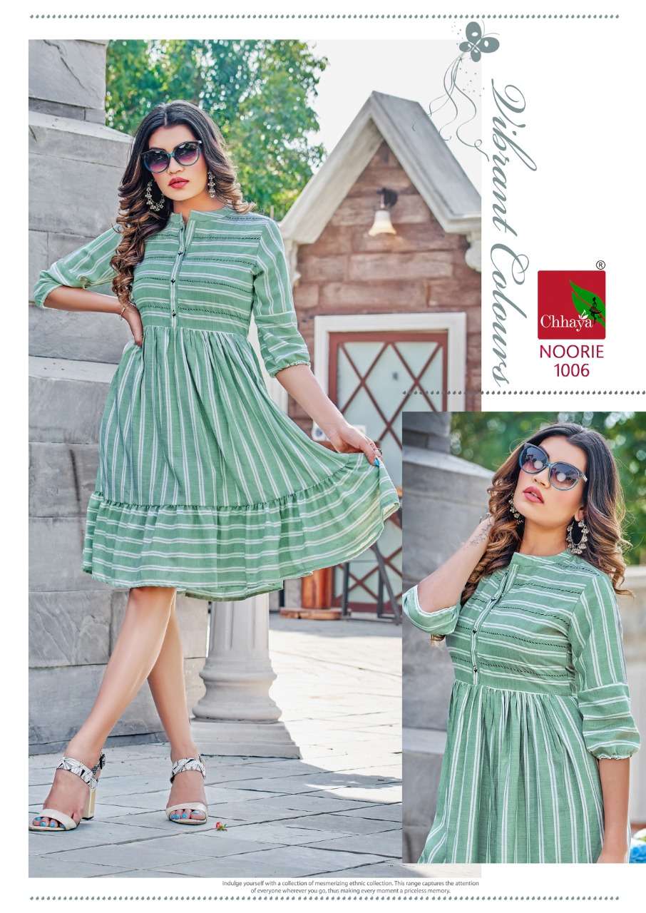 noorie by matru chhaya 1001-1006 series fancy look designer ghera style kurtis catalogue manufacturer surat gujarat 