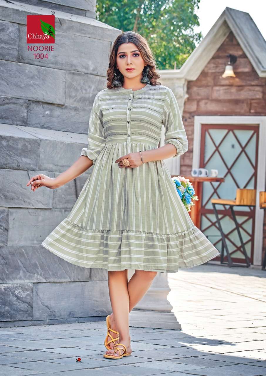 noorie by matru chhaya 1001-1006 series fancy look designer ghera style kurtis catalogue manufacturer surat gujarat 