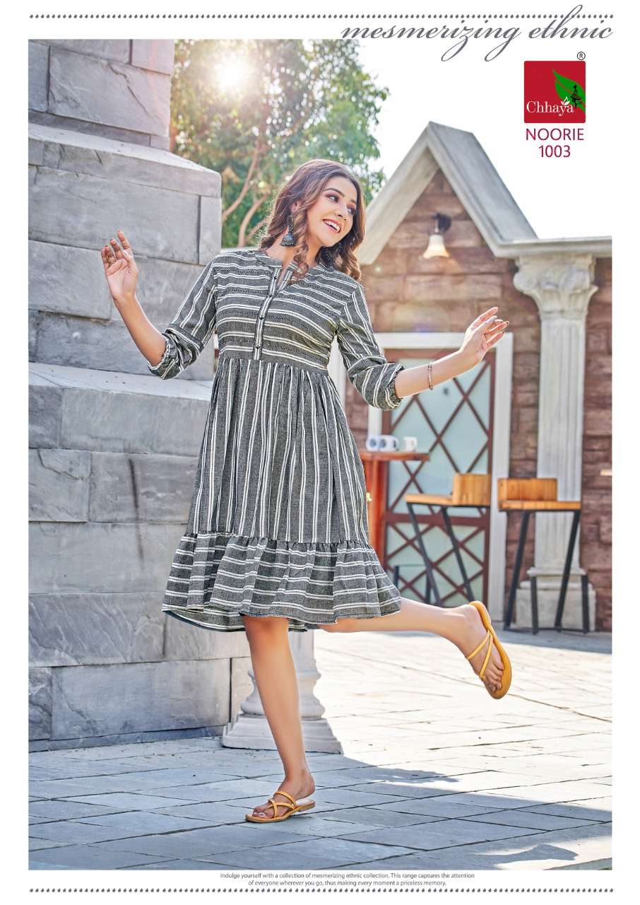 noorie by matru chhaya 1001-1006 series fancy look designer ghera style kurtis catalogue manufacturer surat gujarat 