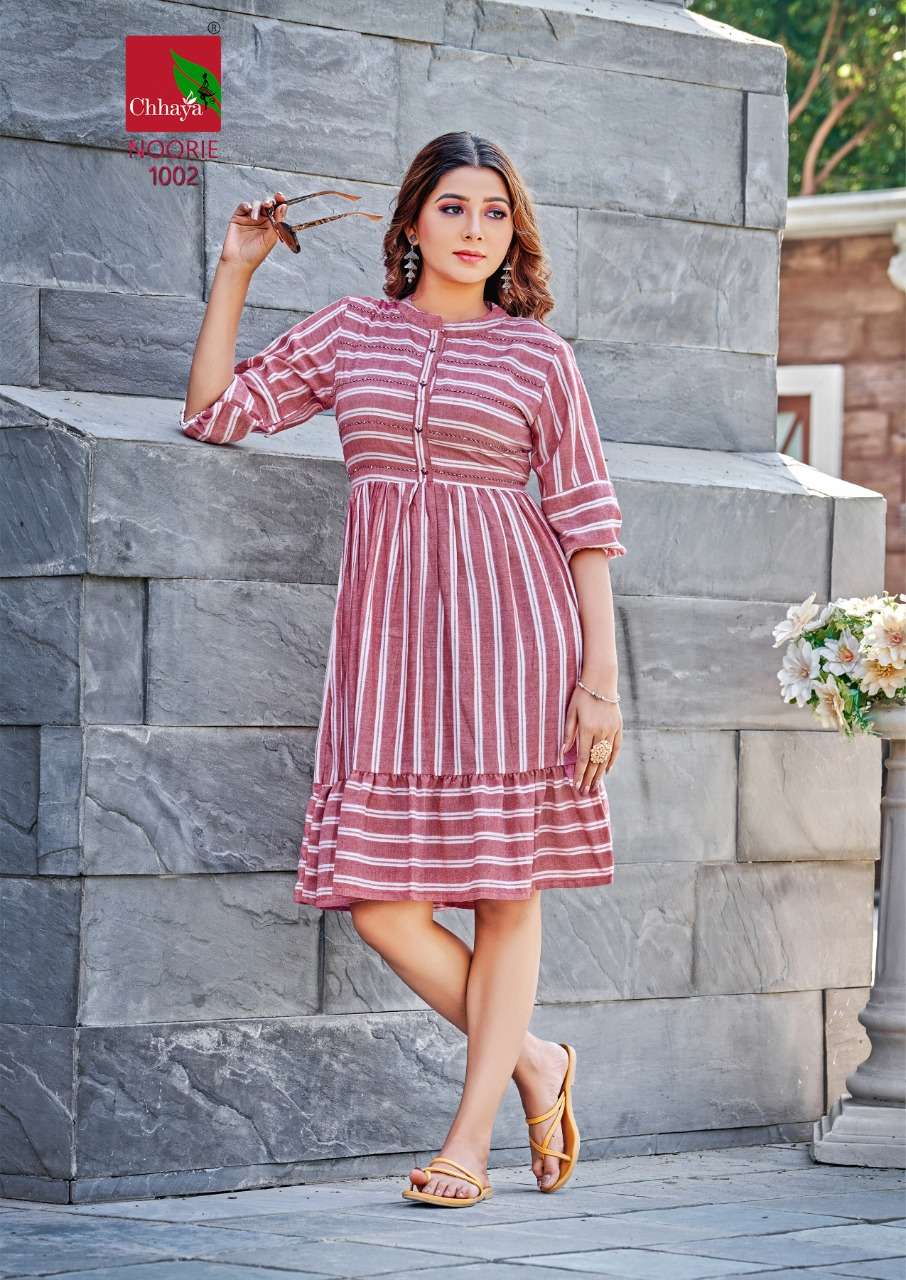 noorie by matru chhaya 1001-1006 series fancy look designer ghera style kurtis catalogue manufacturer surat gujarat 