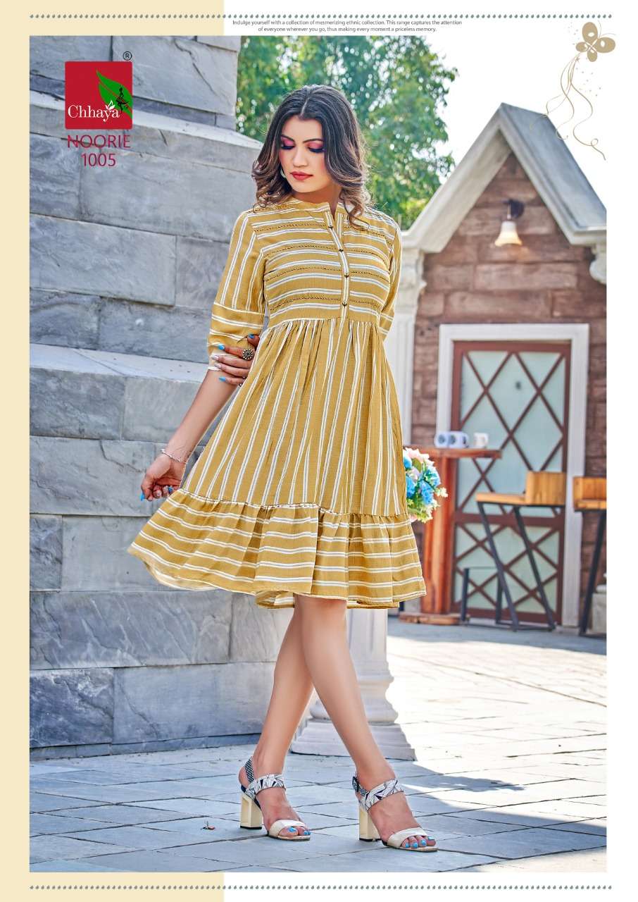 noorie by matru chhaya 1001-1006 series fancy look designer ghera style kurtis catalogue manufacturer surat gujarat 