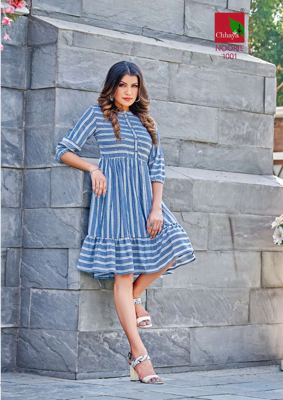 noorie by matru chhaya 1001-1006 series fancy look designer ghera style kurtis catalogue manufacturer surat gujarat 