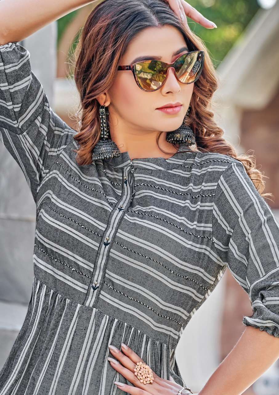 noorie by matru chhaya 1001-1006 series fancy look designer ghera style kurtis catalogue manufacturer surat gujarat 