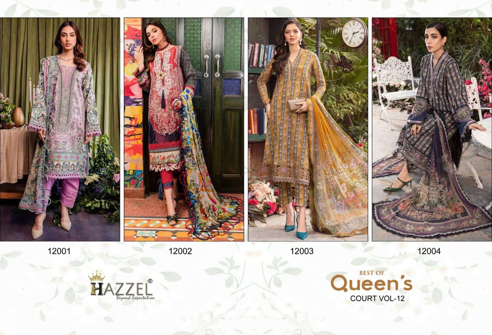 queens court vol-12 by hazzel 12001-12004 series unstich designer pakistani salwar suits catalogue manufacturer surat gujarat 