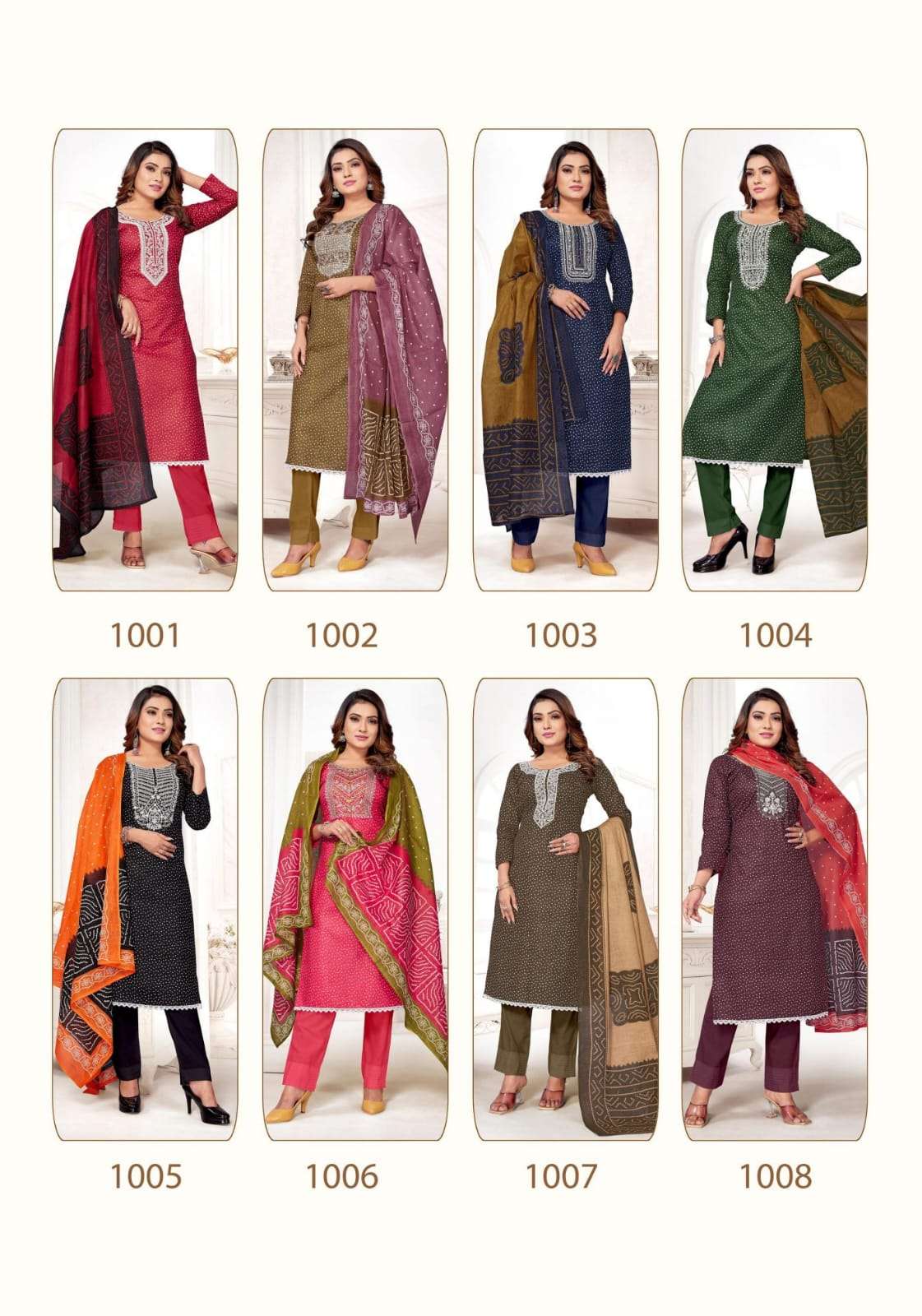 rangoli vol-1 by tara textile 1001-1008 series indian designer cotton suits catalogue manufacturer surat gujarat 