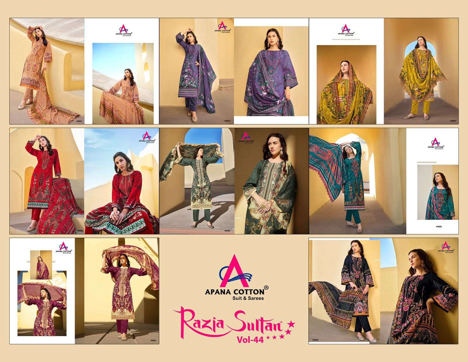 razia sultan vol-44 by apana cotton unstich designer pure cotton material catalogue wholesaler price surat gujarat 