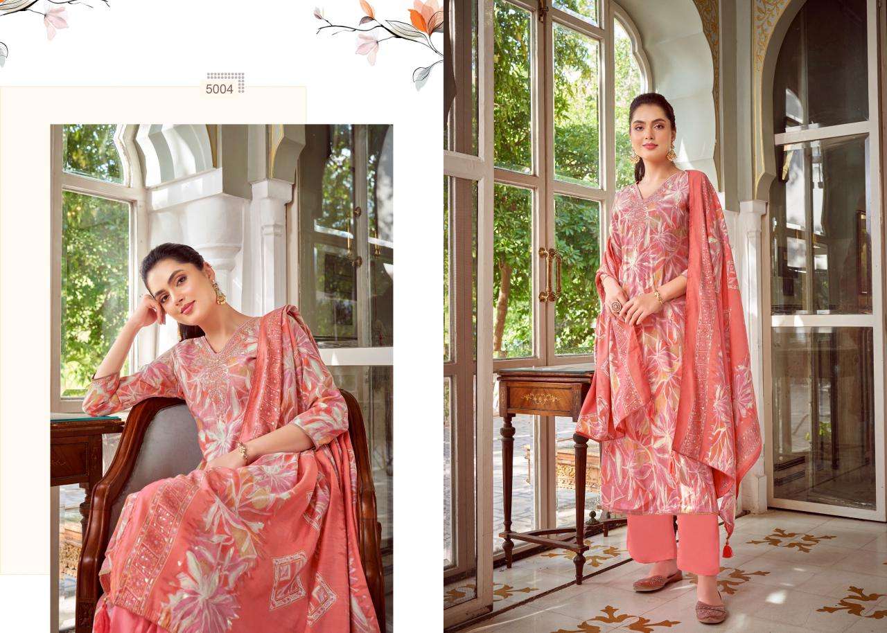 salvi fashion selvina silk vol 5 5001-5008 series designer modal silk foil embroidred salwar kameez catalogue wholesale price surat 