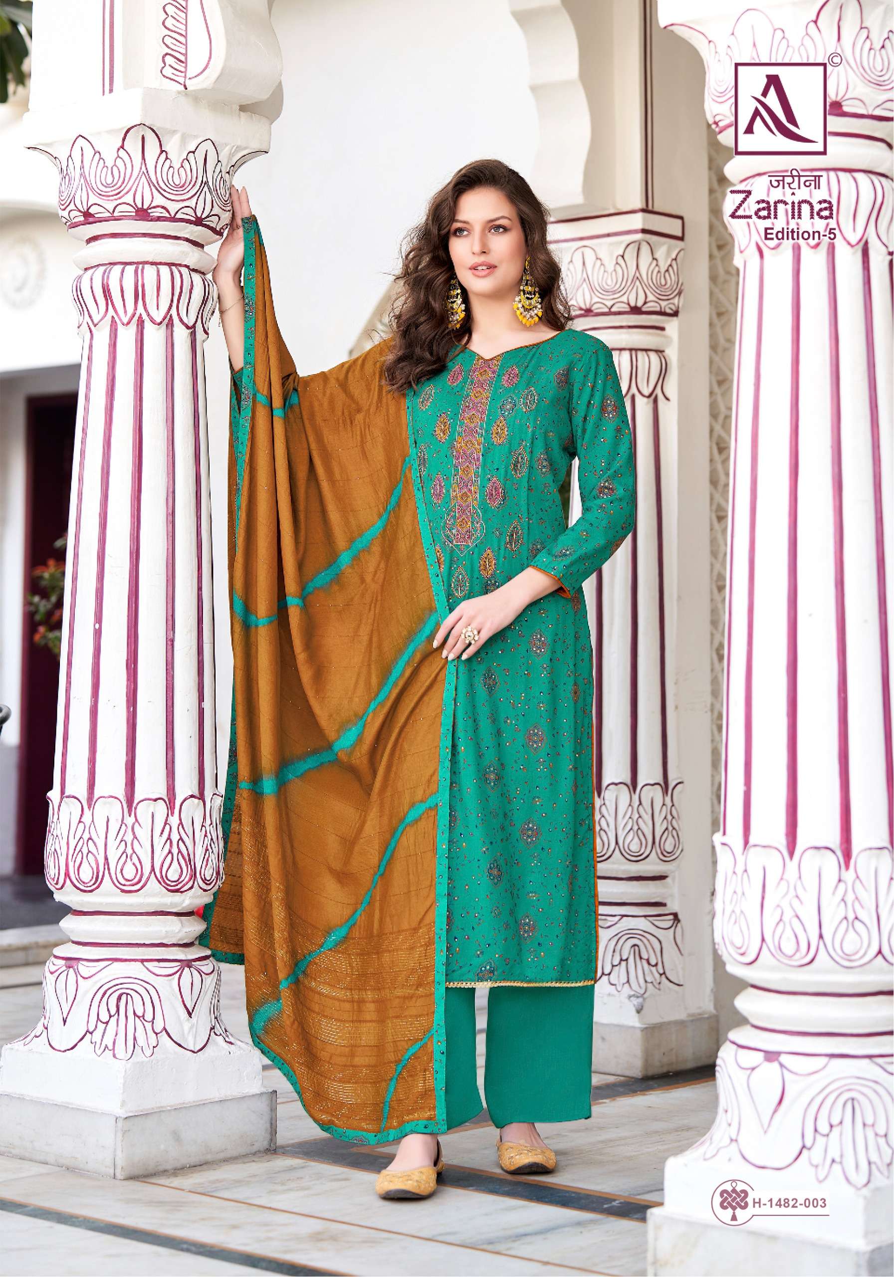 zarina edition vol-5 by alok suit latest designer unstich material catalogue online market surat gujarat 